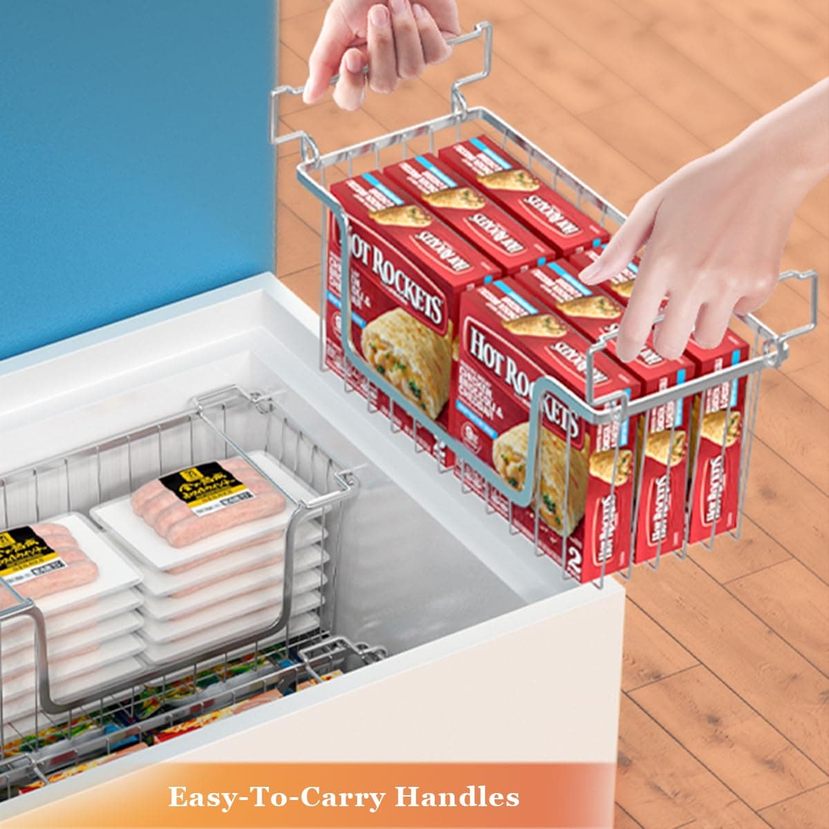 Orgneas Freezer Organizer Bins, Stackable Chest Freezer Baskets Metal Wire Kitchen Pantry Storage Open Front Deep Freezer Baskets with Foldable Handles, Set of 4