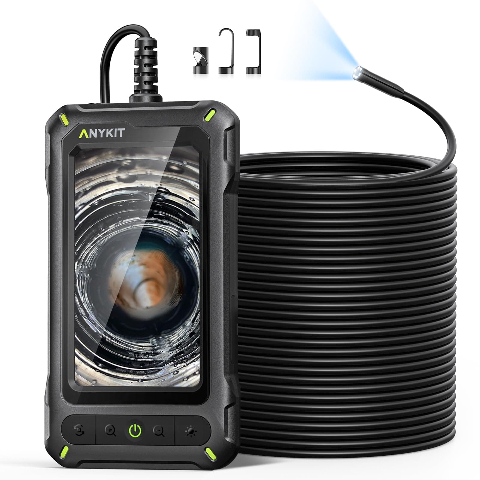 Anykit Industrial Endoscope Camera with Light, 4.3” HD Screen, Waterproof Digital Snake Camera, Semi-Rigid Cable Borescope for Home Pipe, Engine, Inside Wall, Duct (33 FT)