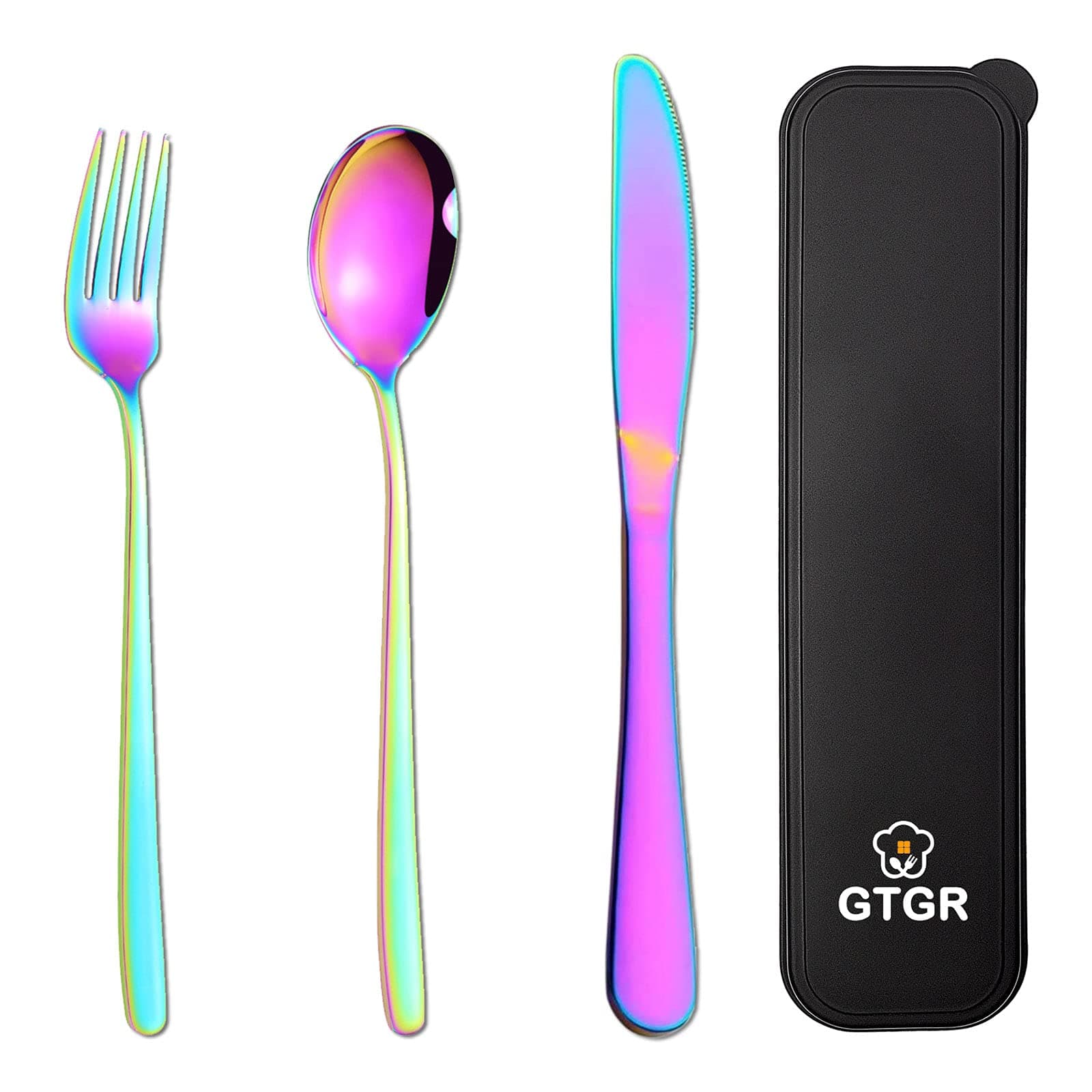 Portable Silverware Flatware Set with Case Stainless Steel with Titanium Colorful Plated Multicolor Flatware Set Knife Fork and Spoon with Case Reusable Cutlery Set (Rainbow)