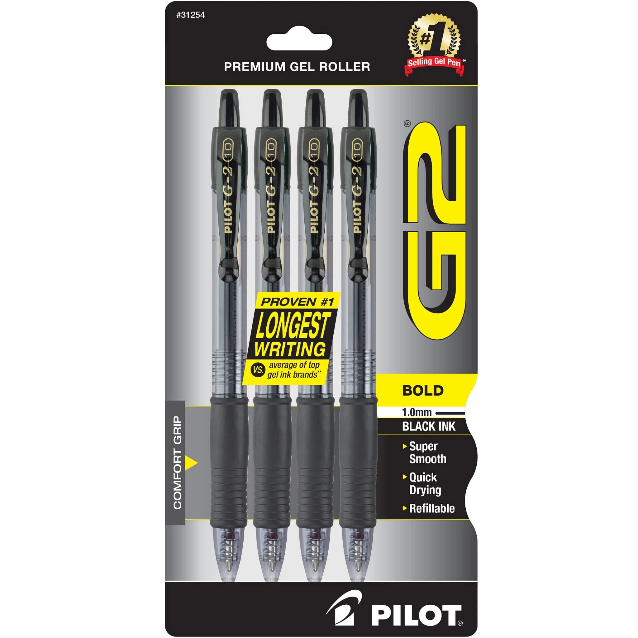 PILOT G2 Premium Refillable and Retractable Rolling Ball Gel Pens, Bold Point, Black Ink, 4-Pack (31254)