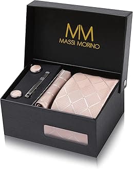 Massi MorinoMen's Tie with Pocket Square Set Including Cufflinks, Tie Clip and Gift Box - Men's Tie Set for Wedding