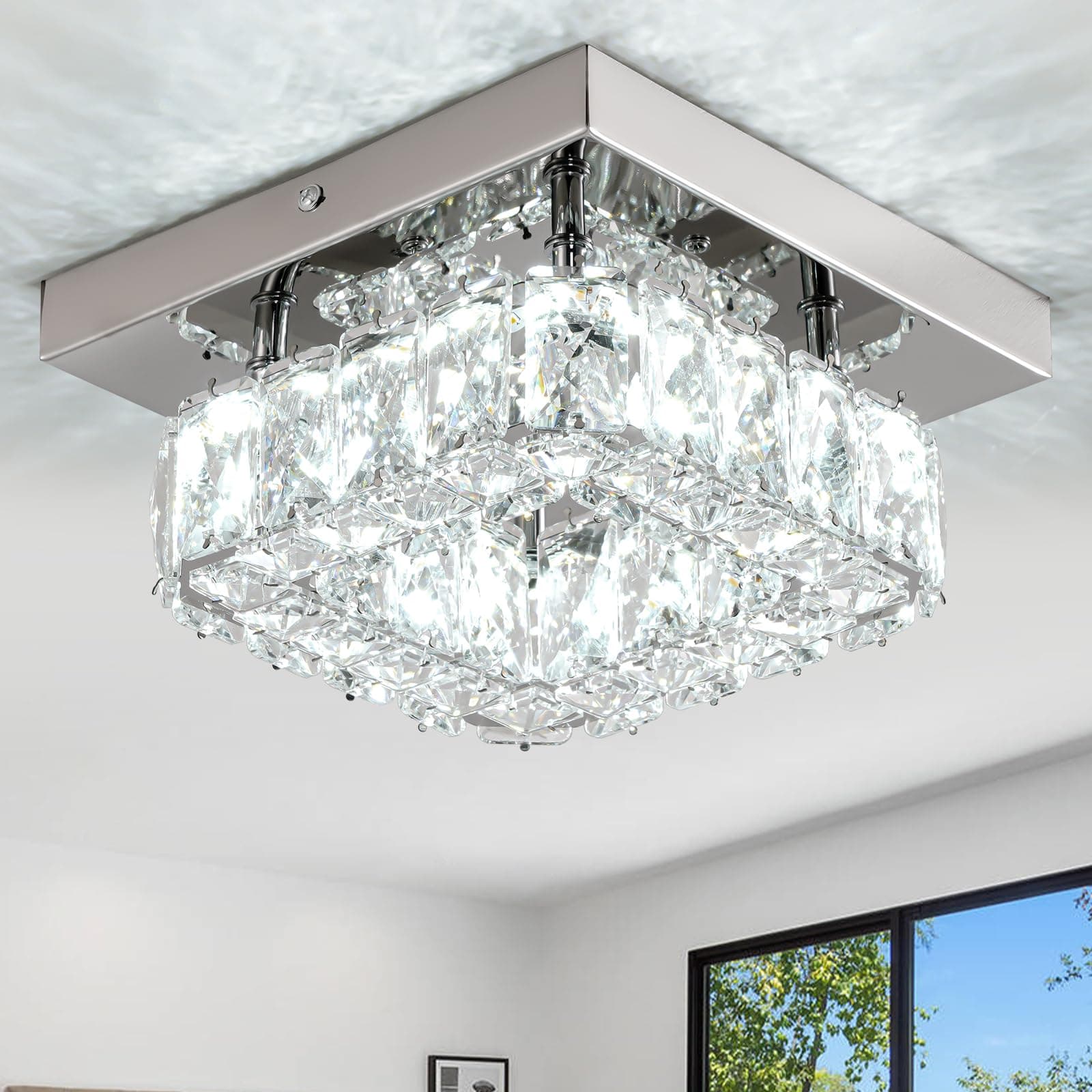 LEONTYNE Mini Modern Crystal Chandeliers Flush Mount Ceiling Light 7.9 inch Square LED Crystal Chandelier Fixture for Hallway Foyer Bedroom Dining Room Kitchen (Cool White)