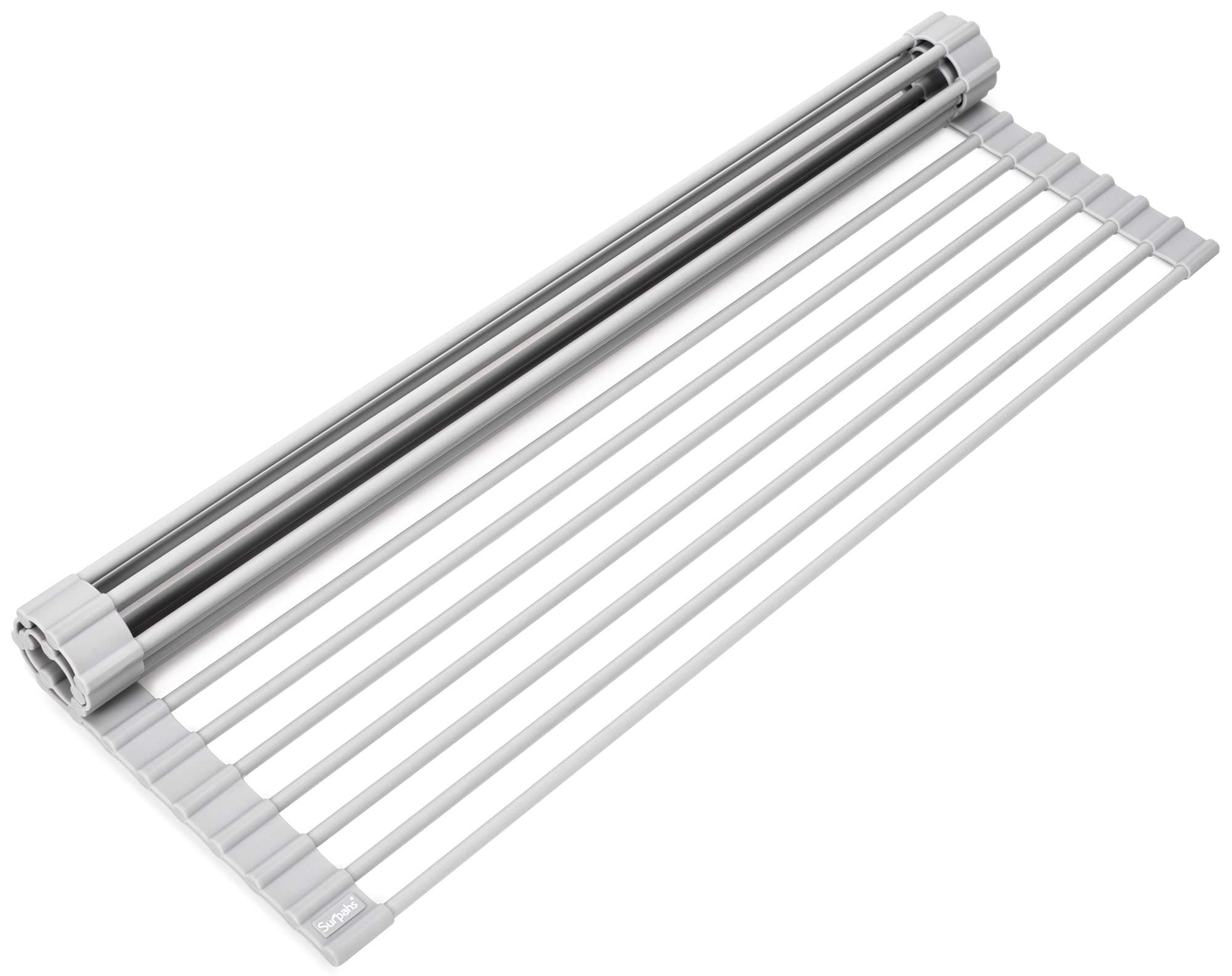 - 20.5 x 13.1 Inch Roll-Up Dish Drying Rack, Fits Across Sink Openings up to 19.5 Inches, Heavy-Duty Premium Silicone, Strong Support, Non-Slip, Heat-Resistant, Warm Gray