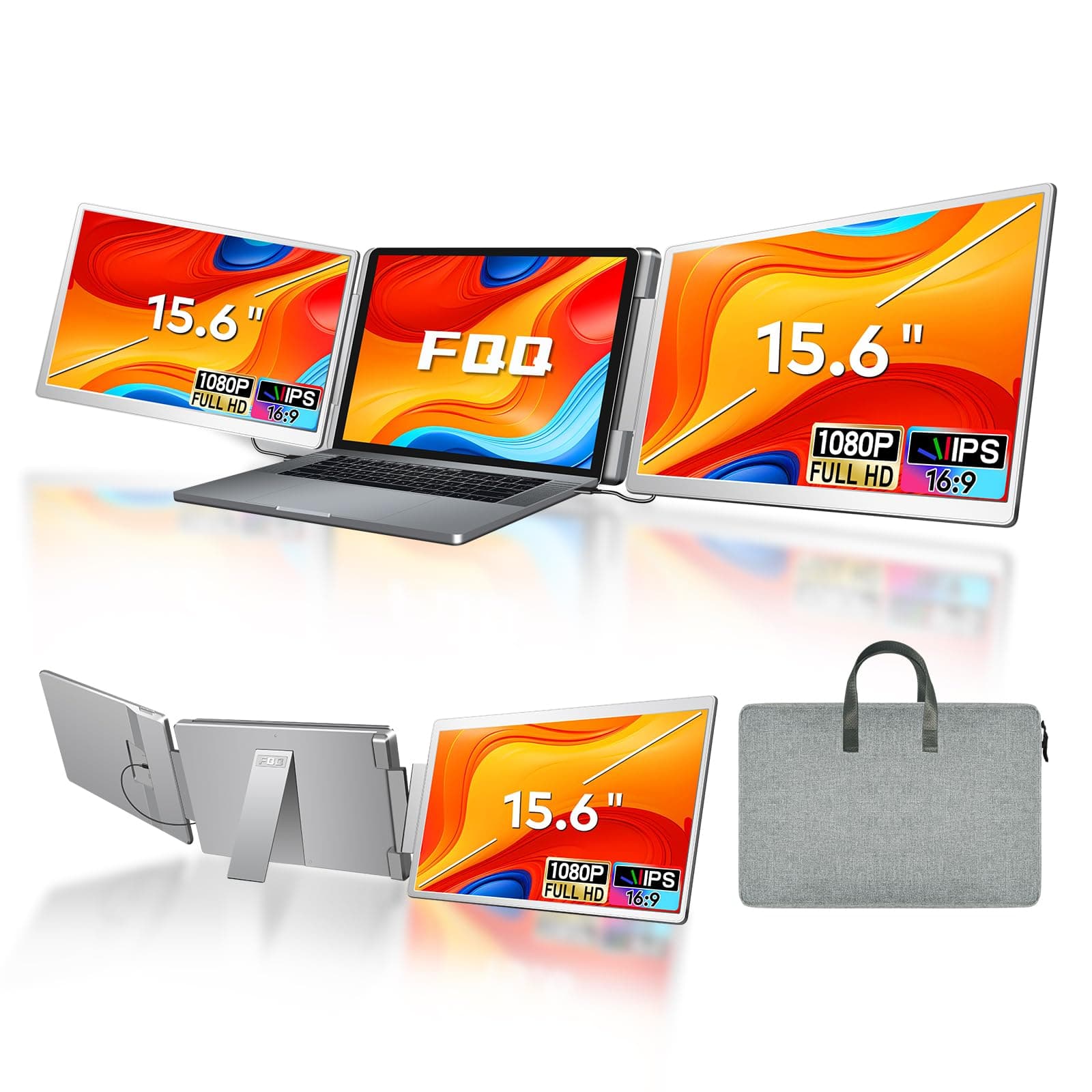 15.6" Laptop Screen Extender, Left Screen 360° Flip Triple Screen Monitor Extender, FHD 1080P IPS Portable Travel Monitor Display, fit for 12-18.5" Laptops, Compatible with Windows and MacBook-S10