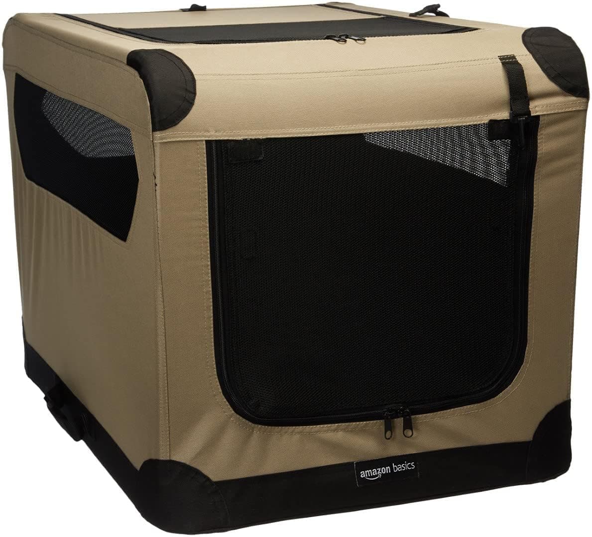 Amazon Basics Portable Folding Soft Dog Crate, Double Door, Collapsible Travel Kennel, Easy to Assemble, Medium, 29.92" x 21.3" x 21.3", Tan