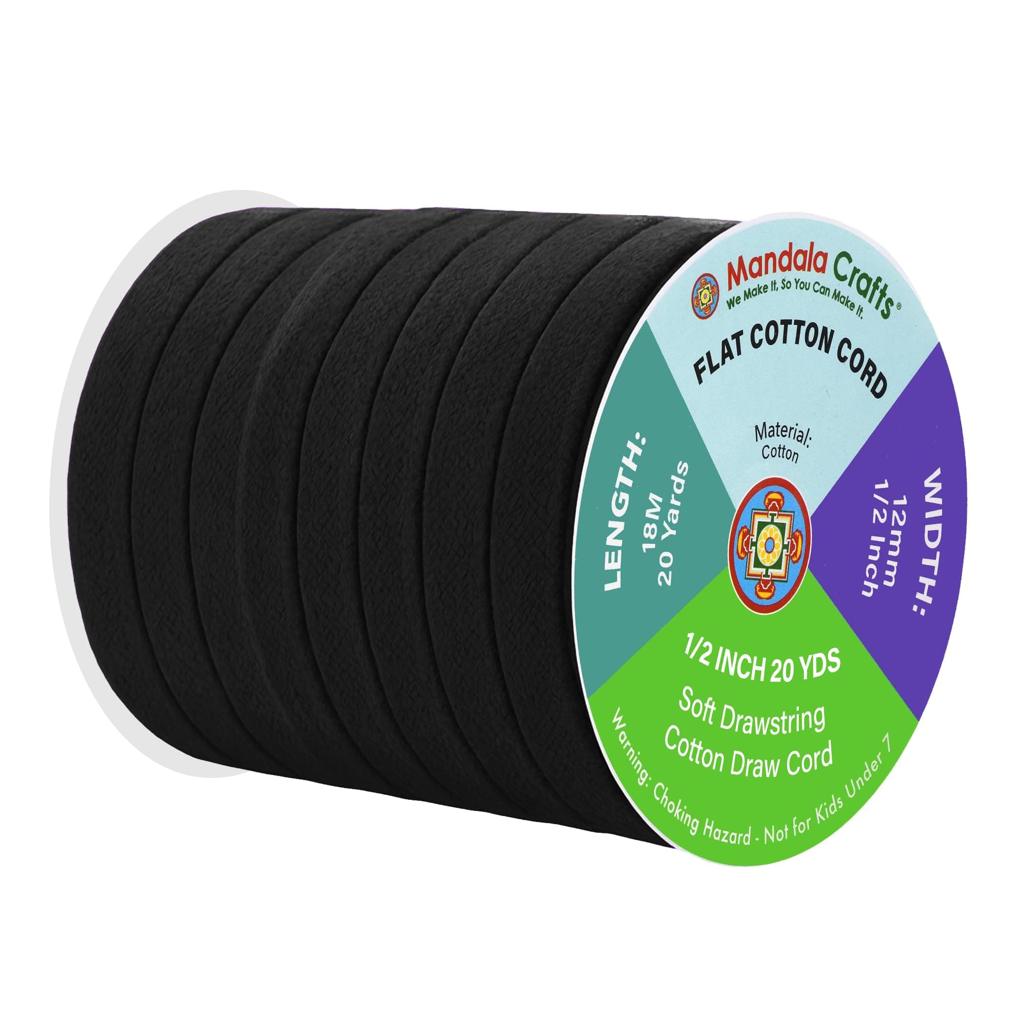 Mandala Crafts Black Flat Drawstring Cord Drawstring Replacement, 1/2 Inch 20 YDs Black Soft Drawstring Cotton Draw Cord Hoodie Sweatpants Drawcord Replacement