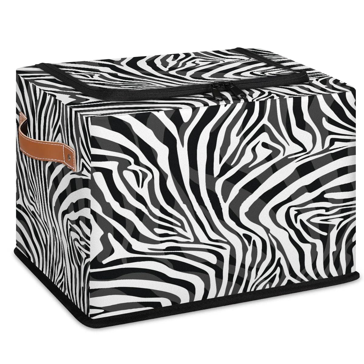Animal Zebra Pattern Storage Bins with Zipper Lid Foldable Fabric Storage Baskets for Clothes Blanket Toys Collapsible Storage Box Closet Organizer with Handles