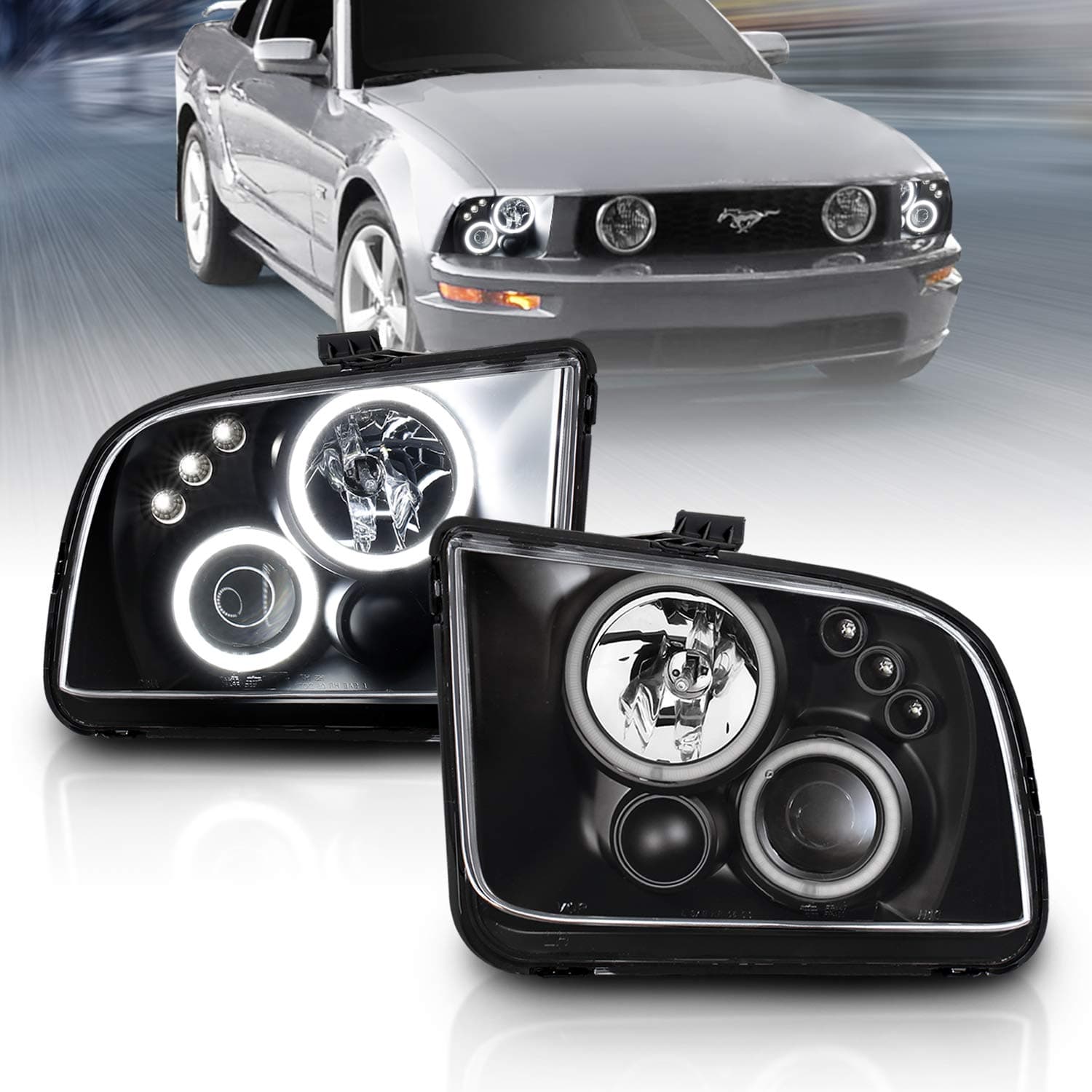 AmeriLite Black Dual Intense LED Halos Projector Replacement Headlights Pair For 2005-2009 Ford Mustang - Driver and Passenger Side