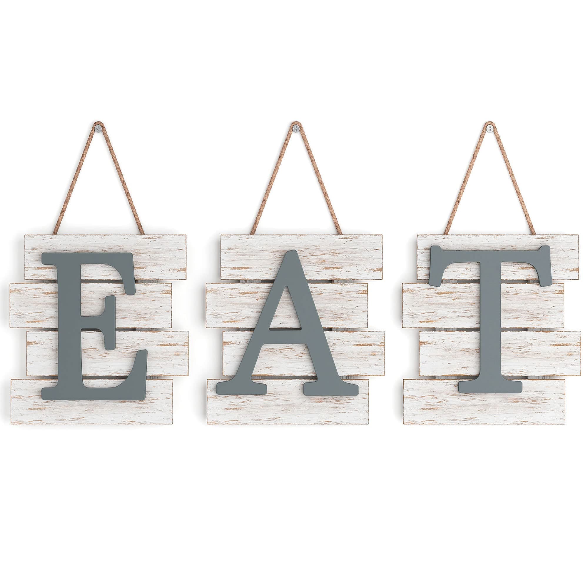 Barnyard Designs Eat Sign - Rustic Wall Decor for Kitchen and Home, Primitive Country Farmhouse Decorations, Distressed Hanging Sign, 24" x 8" (White/Grey)