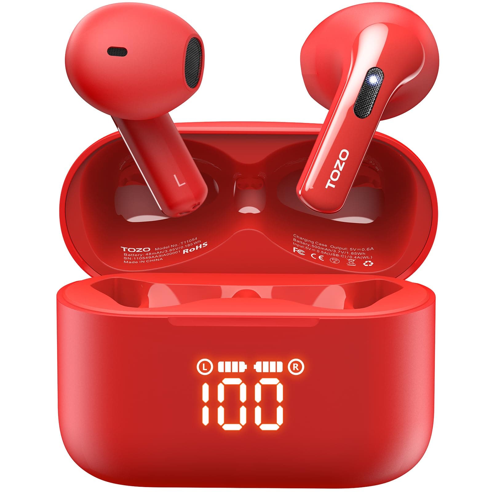 T21 Wireless Earbuds, 5.3 Bluetooth Headphone, Sem in Ear with Dual Mic Noise Cancelling, IPX8 Waterproof, 44H Playback Stereo Sound with Power Display Wireless Charging Case Red