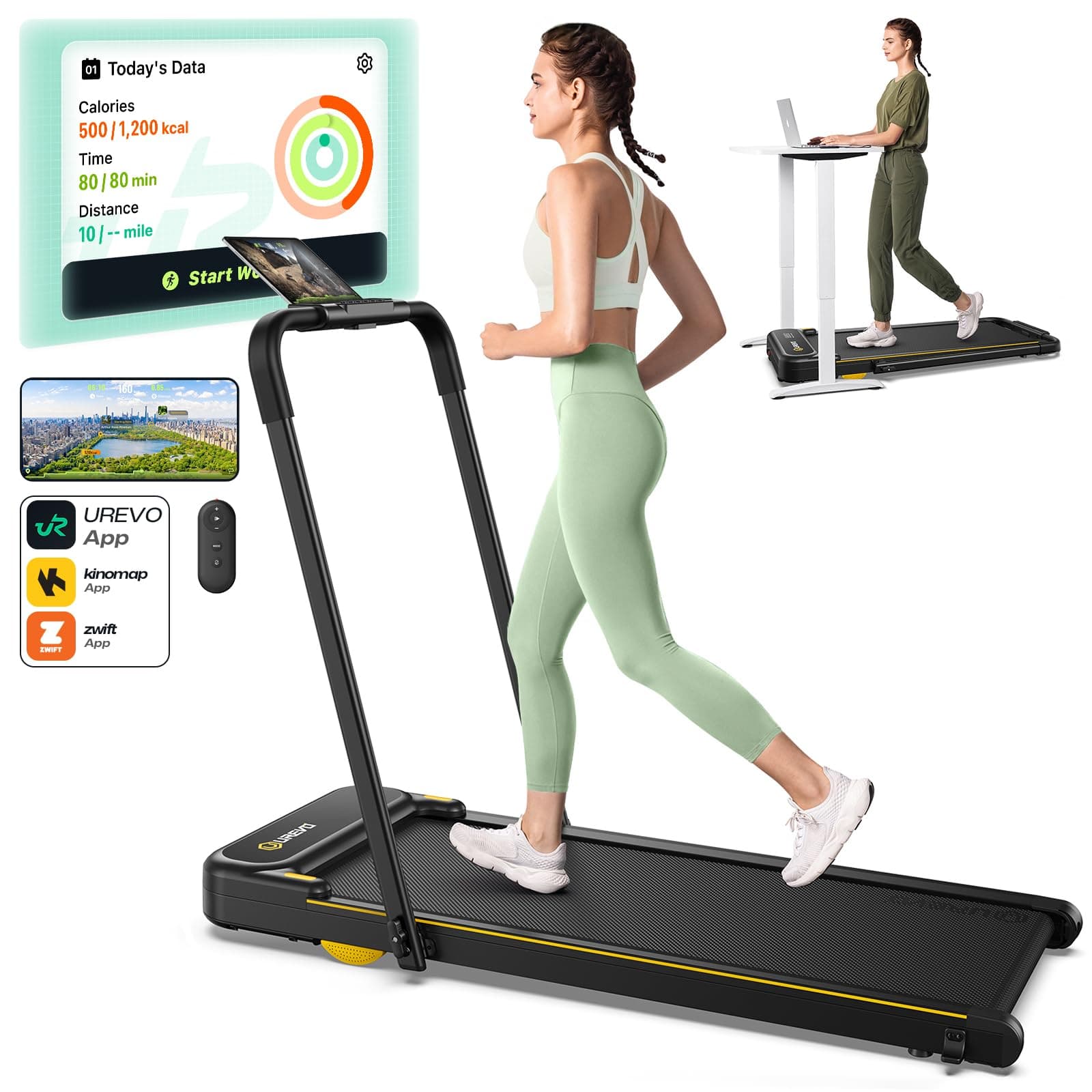 Smart 2-in-1 Folding Treadmill, Compact Walking Pad with Safety Handle, Plug and Play, Dual LED Display, Workout APP, Walking or Running for Home Office, Remote Included