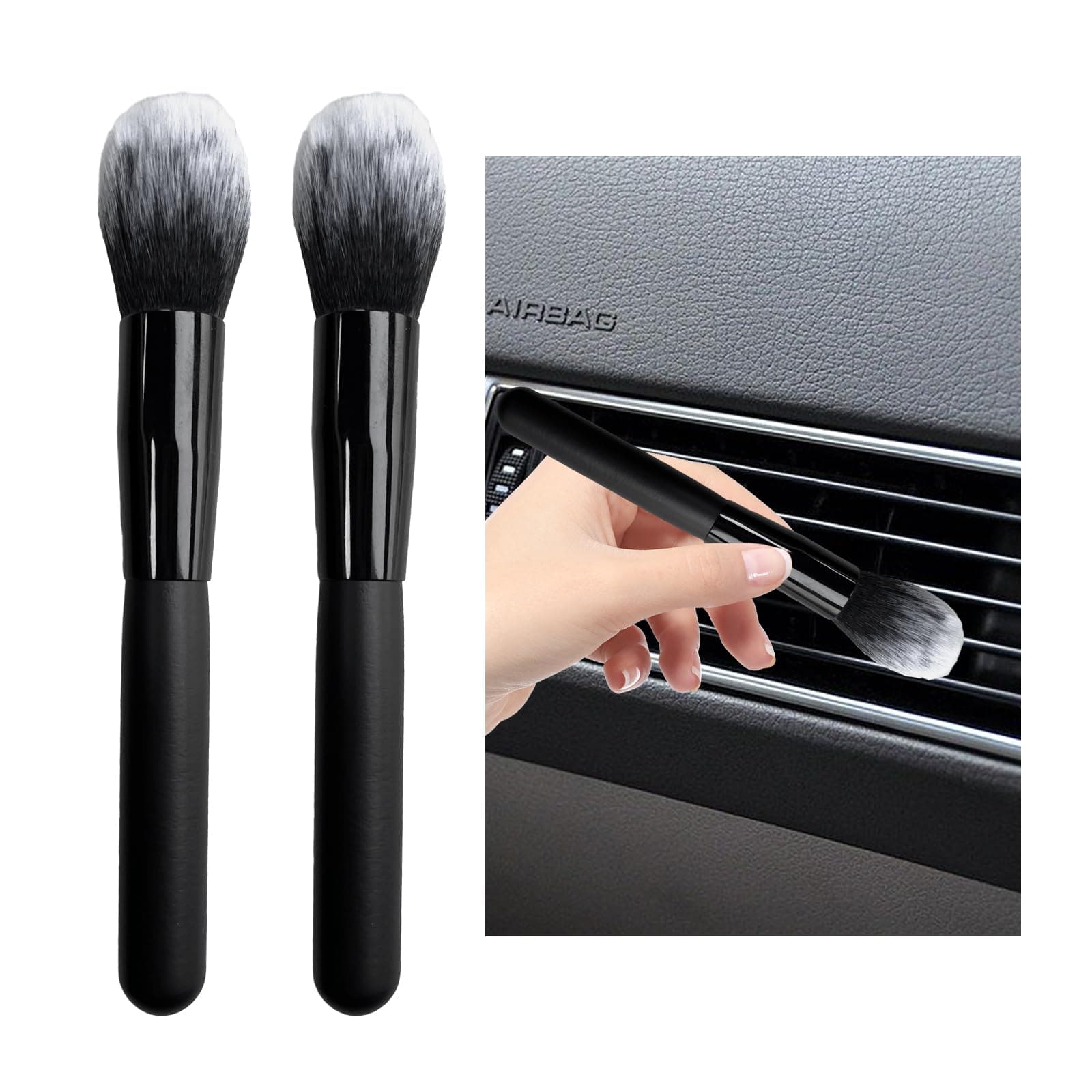 2PCS Car Interior Dust Brush, Soft Scratch Free Auto Detailing Brushes, Universal Vehicle Interior Cleaning Tool for Automotive Dashboard, Air Vents, Leather (Long Black & White)