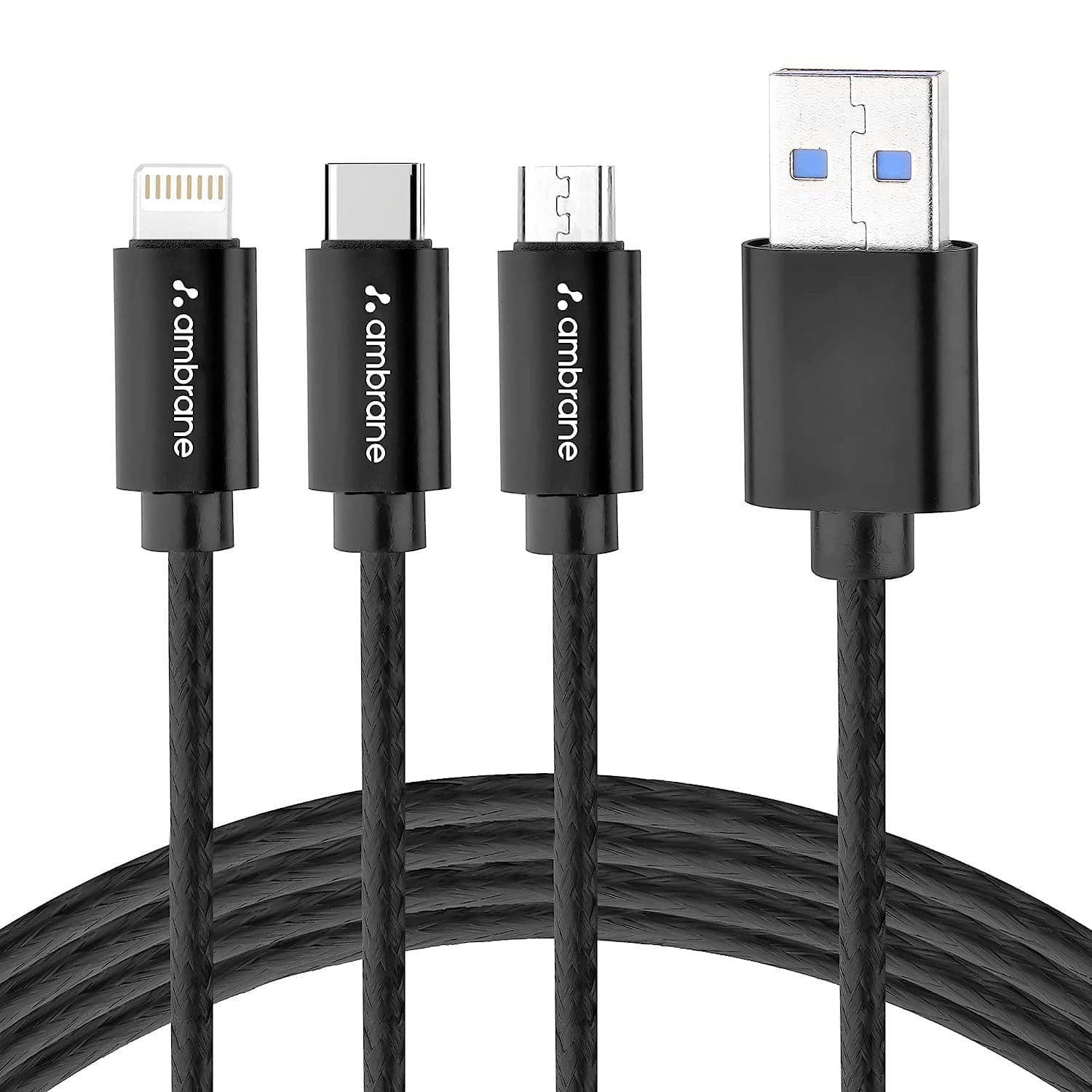 Ambrane Unbreakable 3 in 1 USB Fast Charging USB Cable with Type C, Lightning, Micro USB Port with 2.1 A, Compatible with iPhone, iPad, Samsung, OnePlus, Mi, Oppo, Vivo, Xiaomi, 1.25M (Trio-11, Black)
