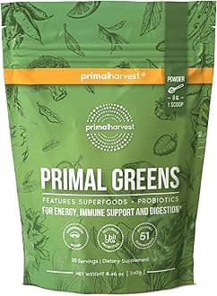 Super Greens Powder, 30 Servings w/+50 Greens Superfood Chlorella, Probiotics, Green Tea, Wheatgrass, Kale, Turmeric for Energy,Primal Greens