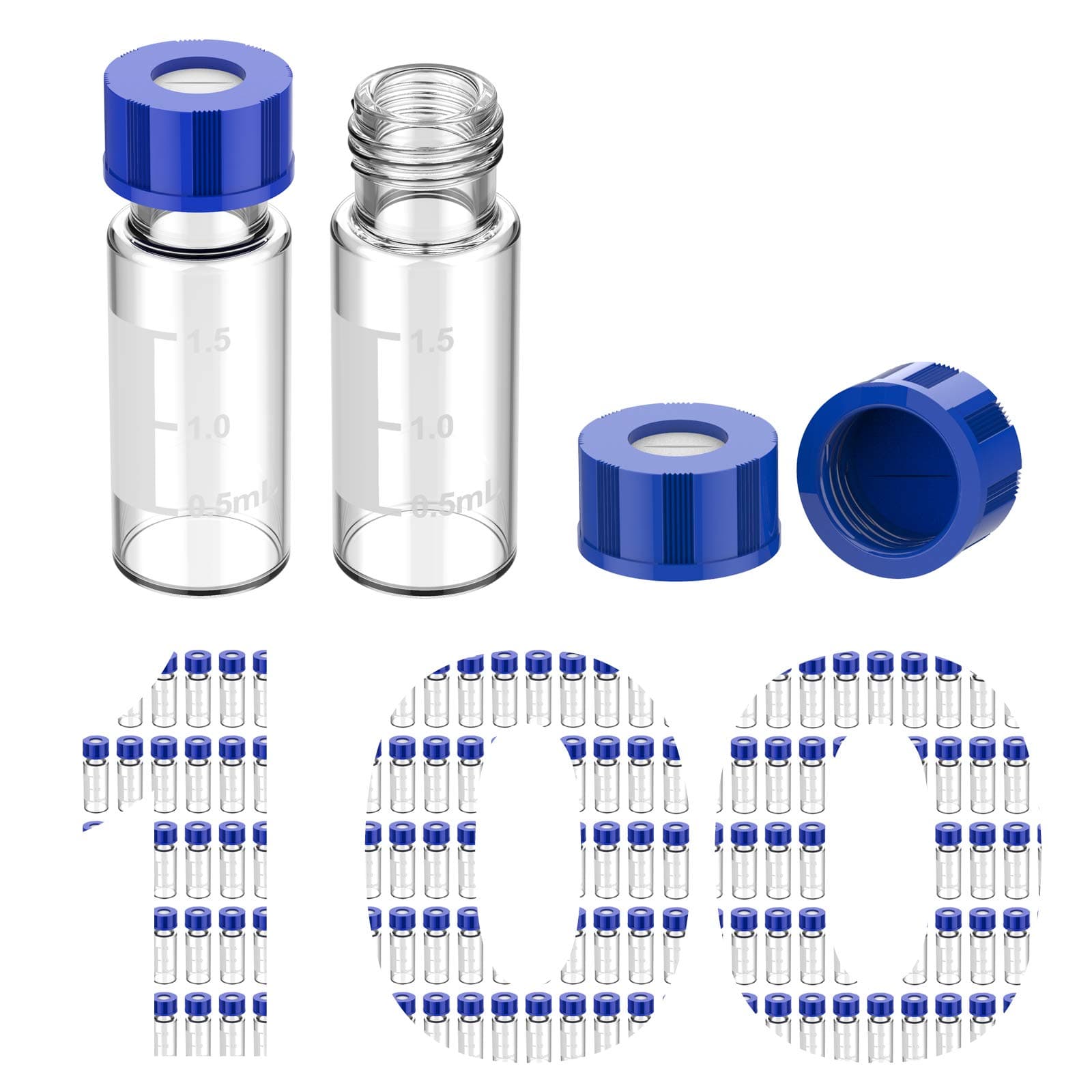 Membrane Solutions 2mL Autosampler Vials, 9-425 GC/HPLC Clear Vials with Write-on Spot and Graduations, 9mm Blue ABS Screw Caps & Septa, 100 Pcs