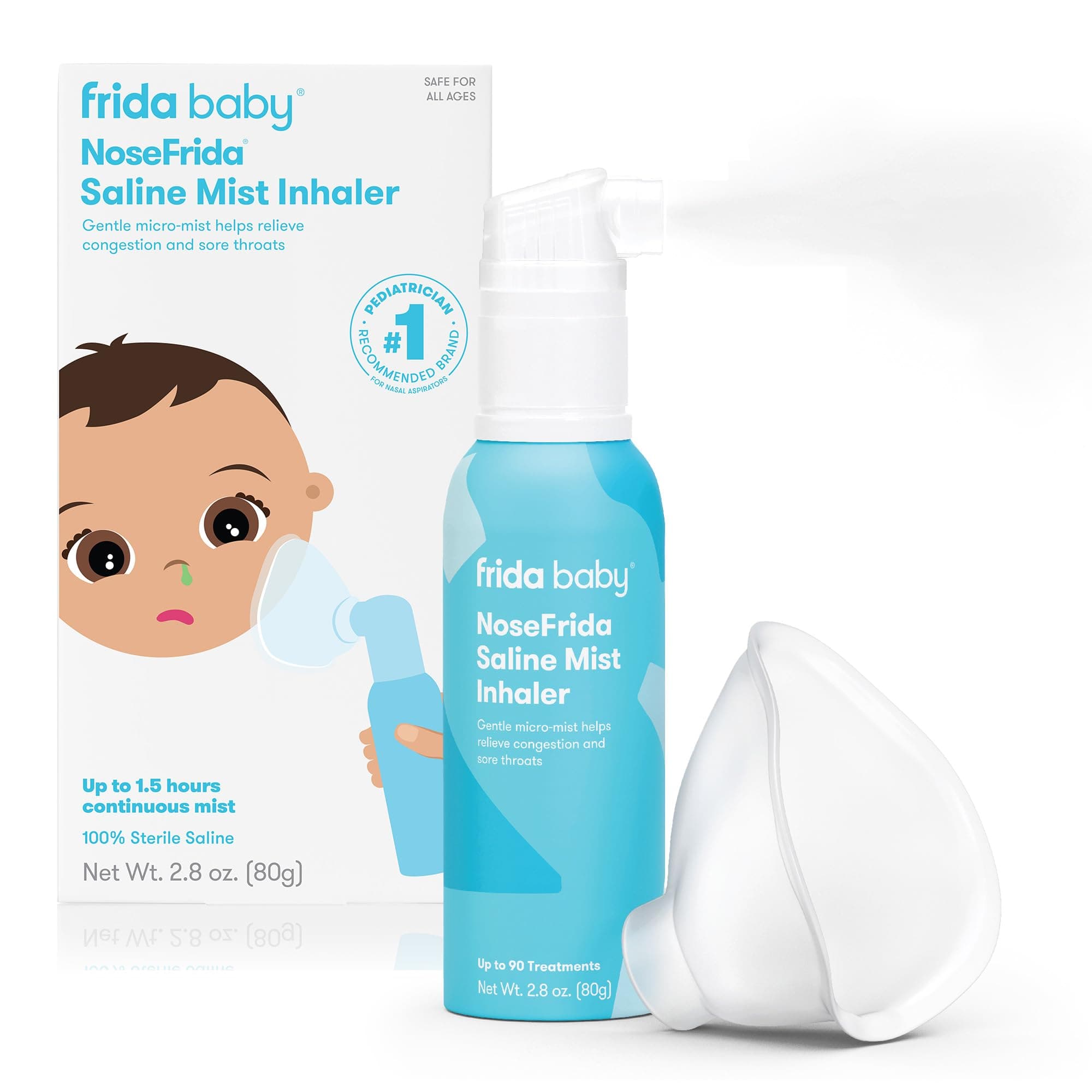 NoseFrida Saline Mist Nasal Inhaler, Decongestant Spray for Congestion & Allergy Relief for Babies + Kids, Nasal Saline Spray, Soothes Stuffy Nose & Sore Throat, Includes Mask