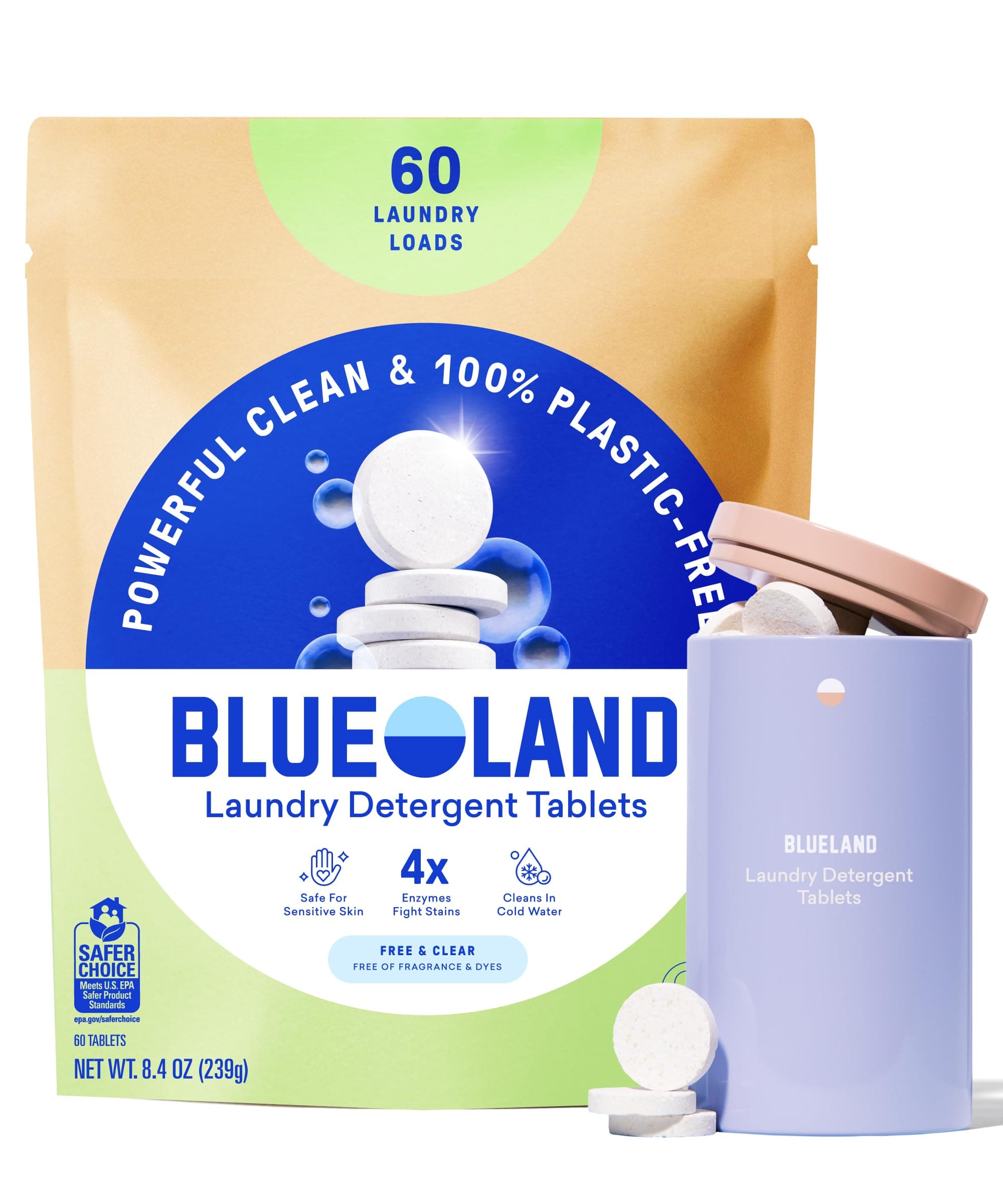 BLUELAND Laundry Detergent Tablets, Starter Set, 60 Count with Tin, Unscented, Plastic-Free Eco-Friendly Pods, Sheets, Liquid Alternative - Natural, Gentle, Non Toxic
