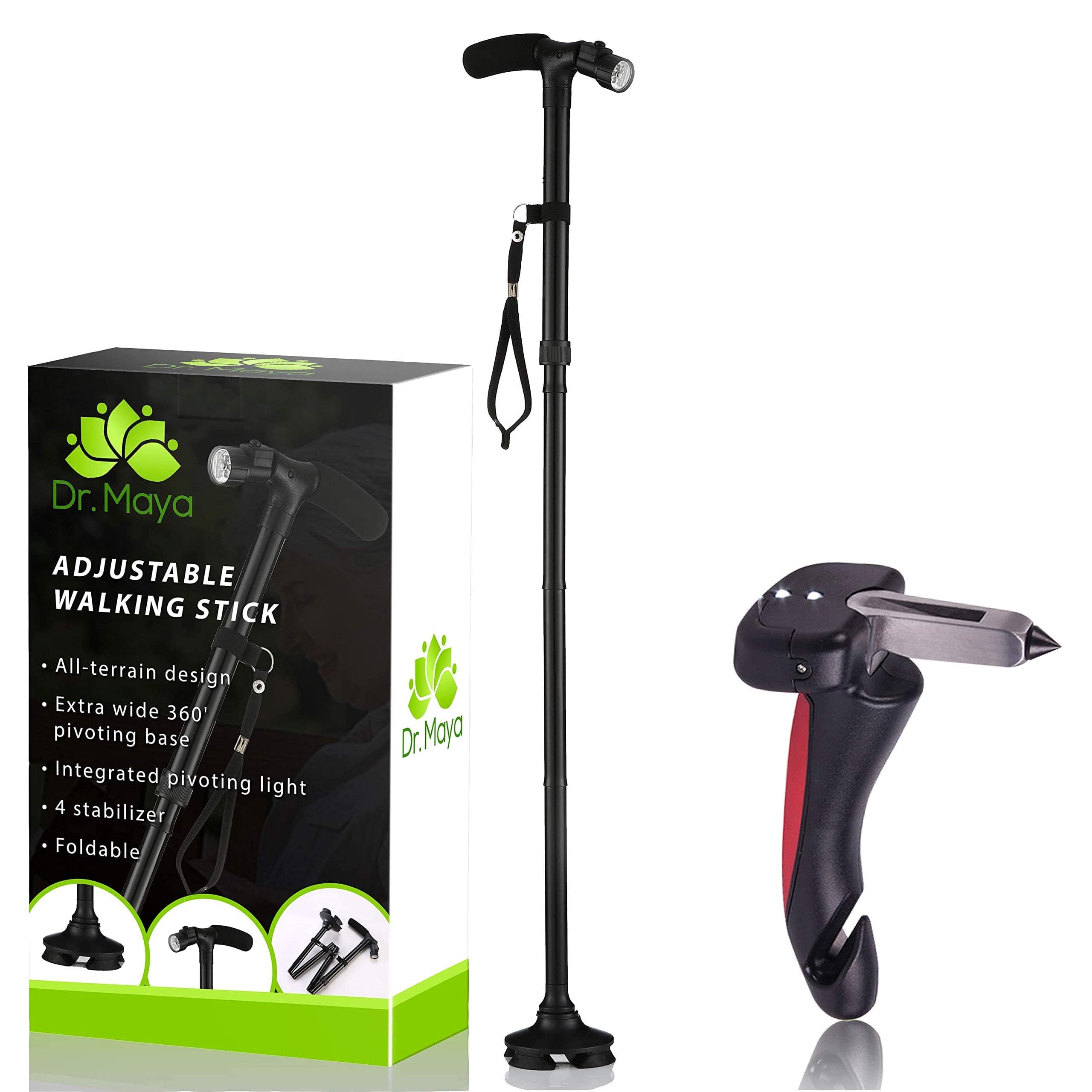 Walking Cane by Dr. Maya with Free Car Cane, Tips & LED Lights - Lightweight, Adjustable, Foldable, Pivoting Base, Quad Travel Balance Stick Support for Elderly Men and Women - Walker for Seniors!