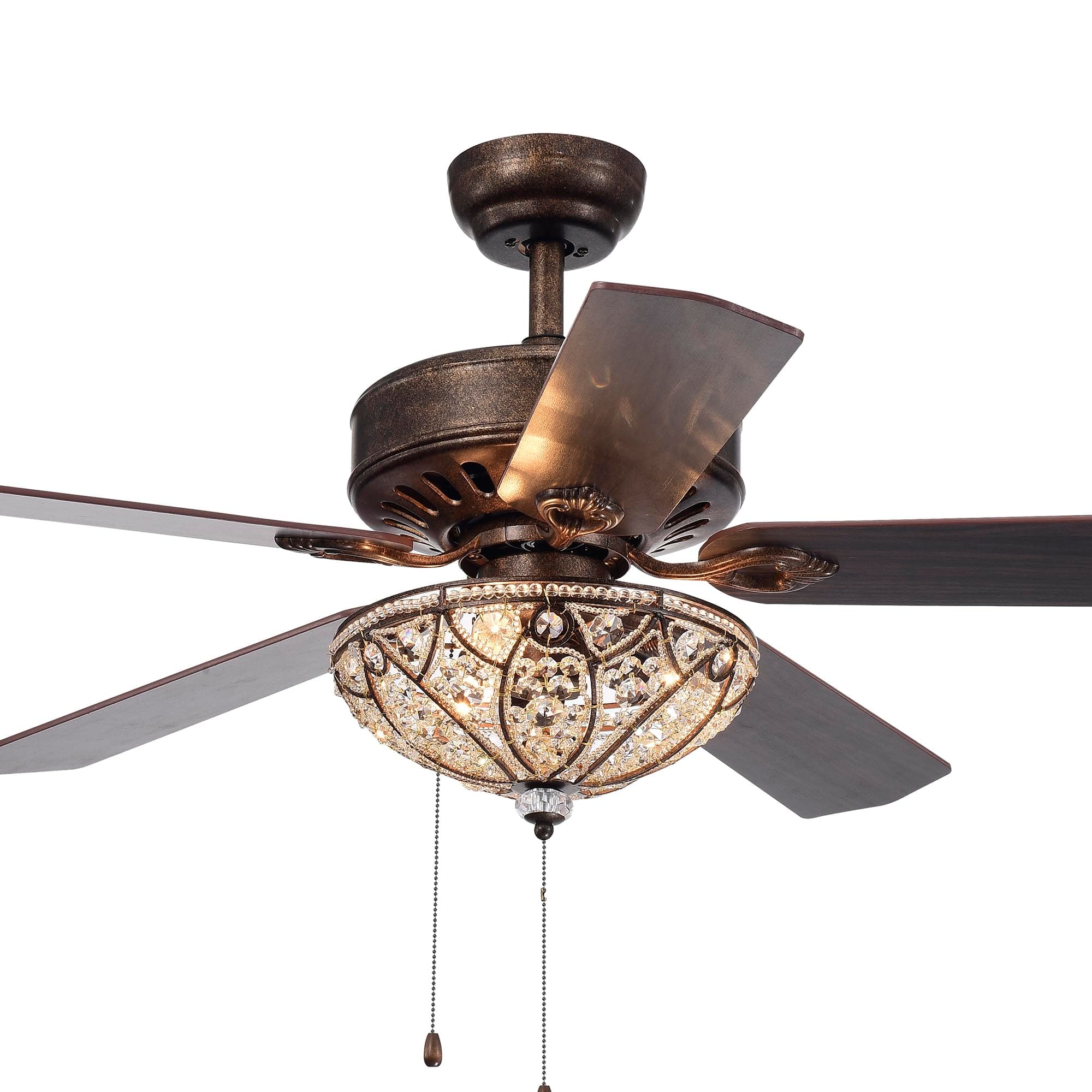 Gliska 52-Inch 5-Blade Rustic Bronze Lighted Ceiling Fans w Crystal Shade