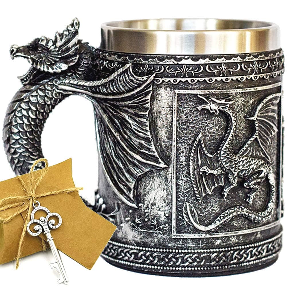 LitLife Medieval GOT Dragon D&D Game Mug of Thrones Merchandise Beer Steins Viking Tankard Mug Stainless Coffee Cup Gift Mug for Dragon Collector, Themed Party Decoration