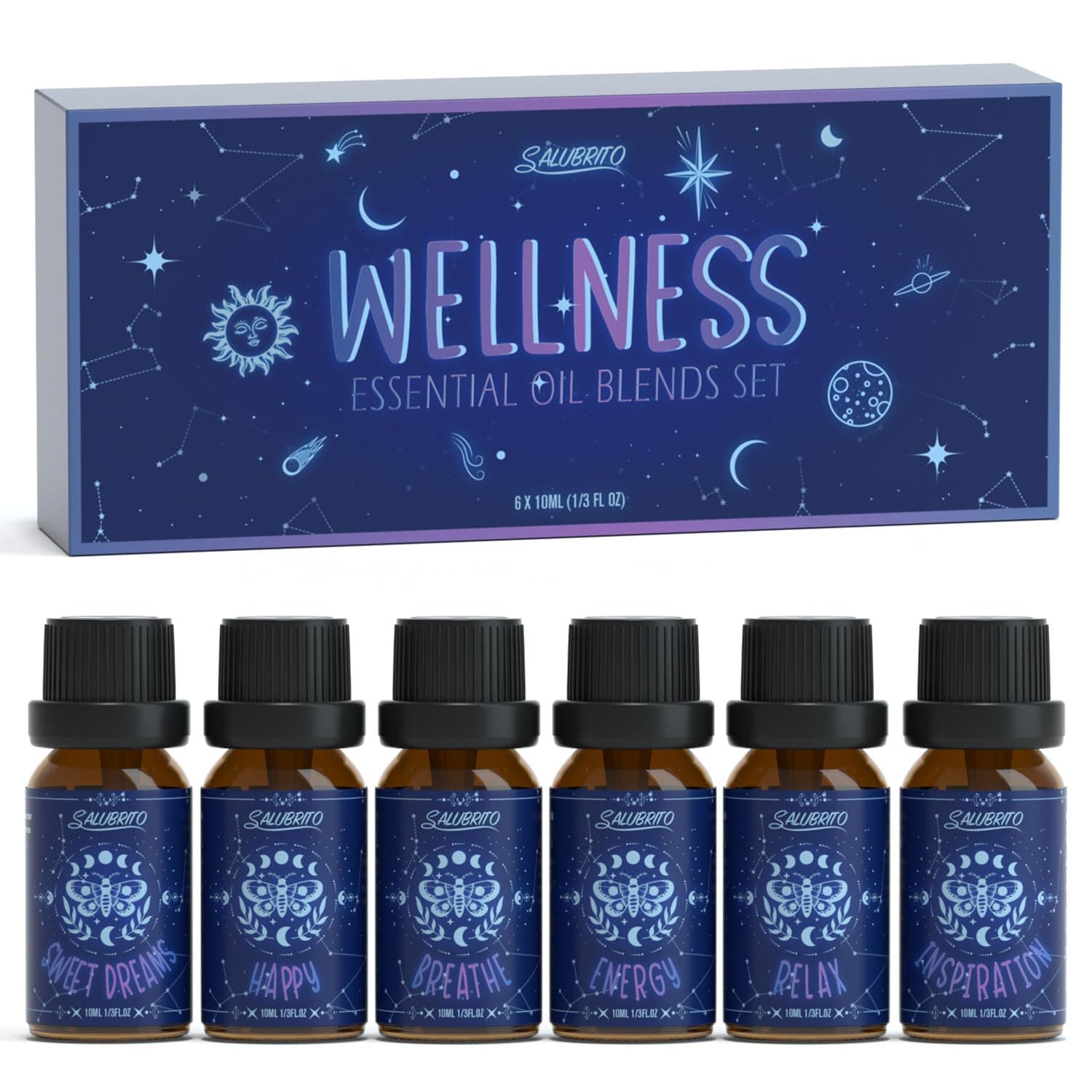 SALUBRITO Wellness Essential Oil Blends Set, Aromatherapy Oil for Diffuser, Home, Wax Melts, Candle, Soap Making, Relaxation Gift for Women - Relax, Sweet Dreams, Energy, Breath, Happy, Inspiration