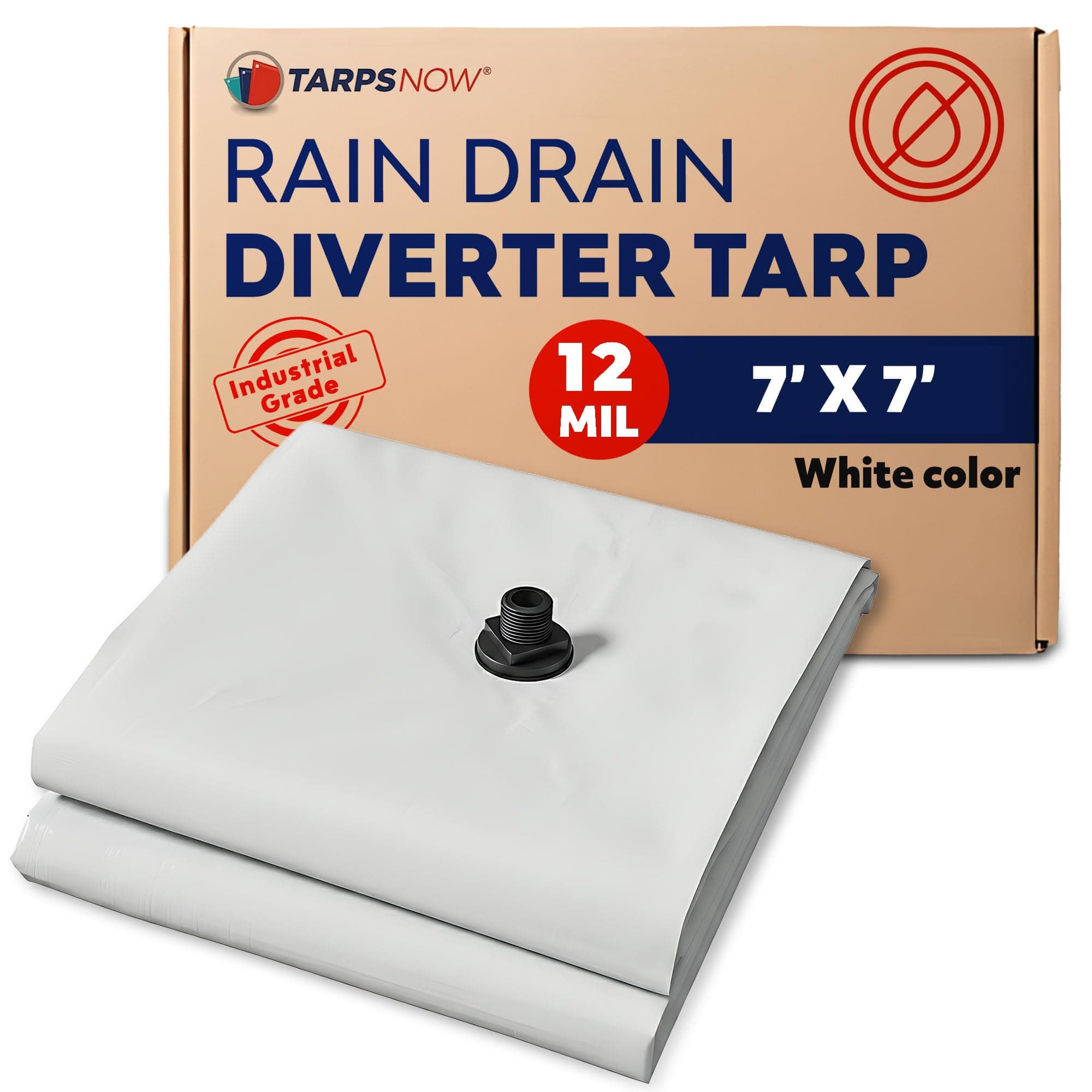 Tarps Now Ceiling Leak Drainage Tarp (7' x 7') with Draining Flange and D-Ring - Rain Catcher Roof Sealant Leak Diverter Waterproof Tarp - Easy Hanging and Reusable Roof Rain Diverter, White