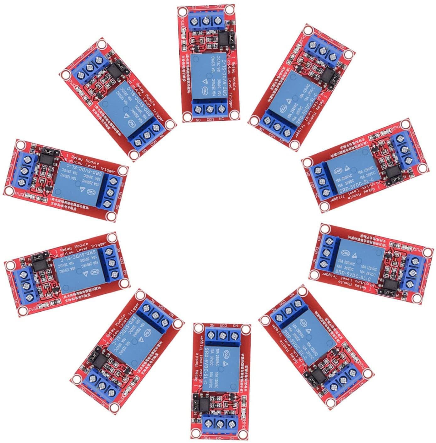 DC 5V Relay Module 1-Channel Relay Switch with Optocoupler Isolation High/Low Level Trigger, Pack of 10