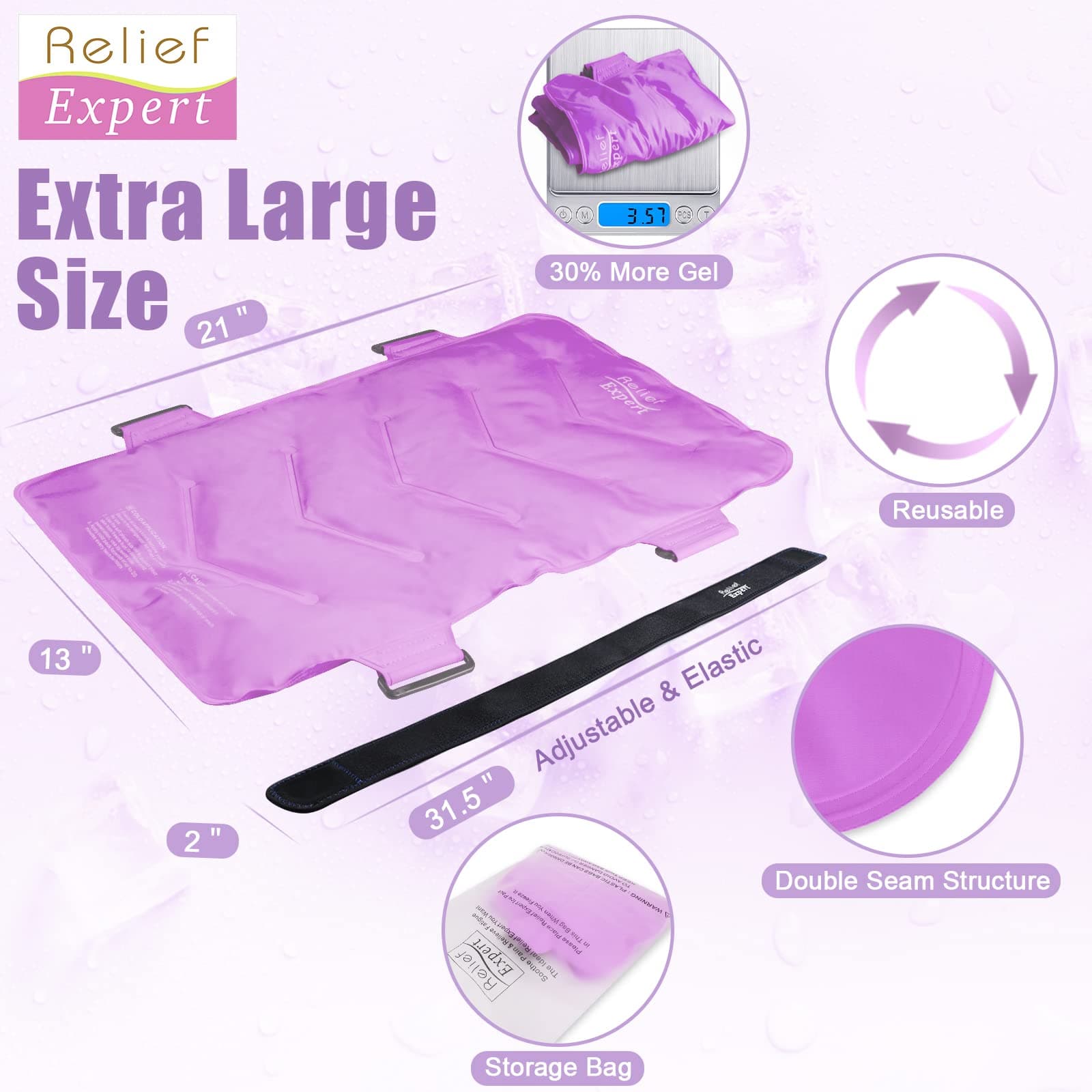 Relief Expert Extra Large Back Ice Pack (13"x21") - Reusable Ice Wrap for Back Pain Relief- Cold Compress Therapy for Ice Pads for Injuries, Swelling, Bruises & Sprains, XXL Pink