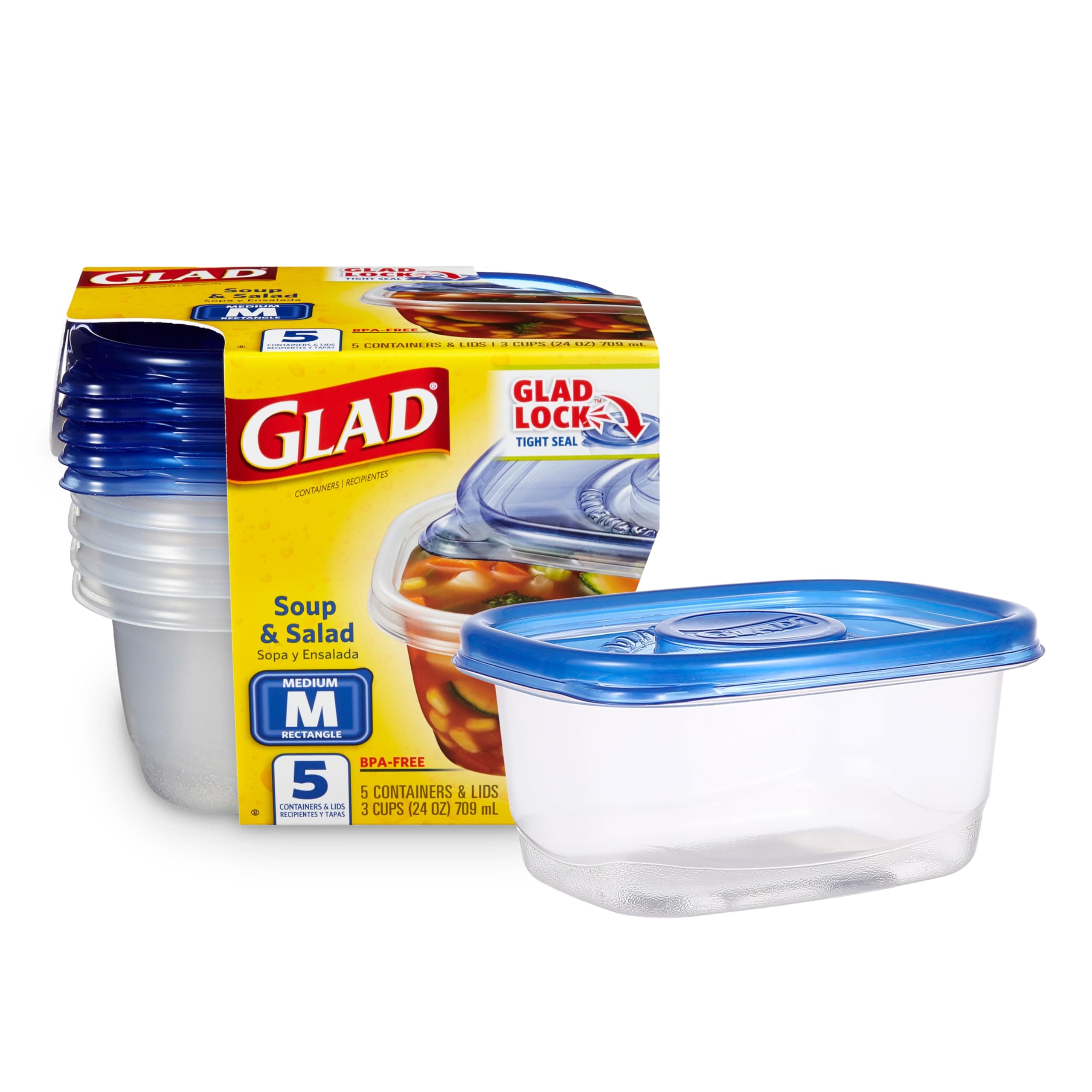 Glad GladWare Medium Rectangle Food Storage Containers with Lids, BPA Free Plastic for Soups Salads and Meal Prep, Airtight Leak Resistant, Microwave Dishwasher Freezer Safe, 24 Oz, 5 Count