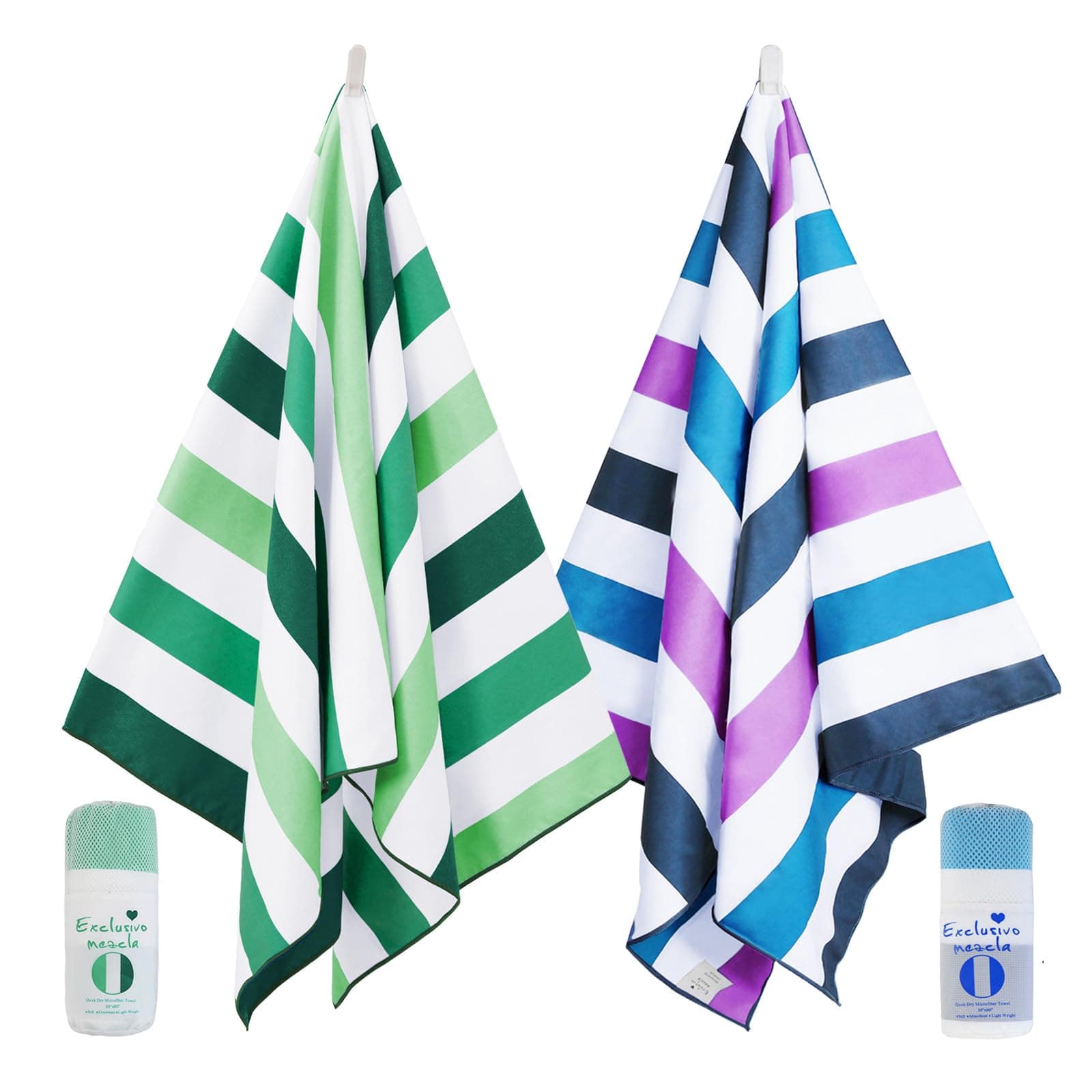 Exclusivo Mezcla 2 Pack Microfiber Quick Dry Beach Towels, Oversized Lightweight Sandfree Pool Towels for Swimming Camping Travel with Bagn (Forest Green and Dark Purple, 35x70 Inches)