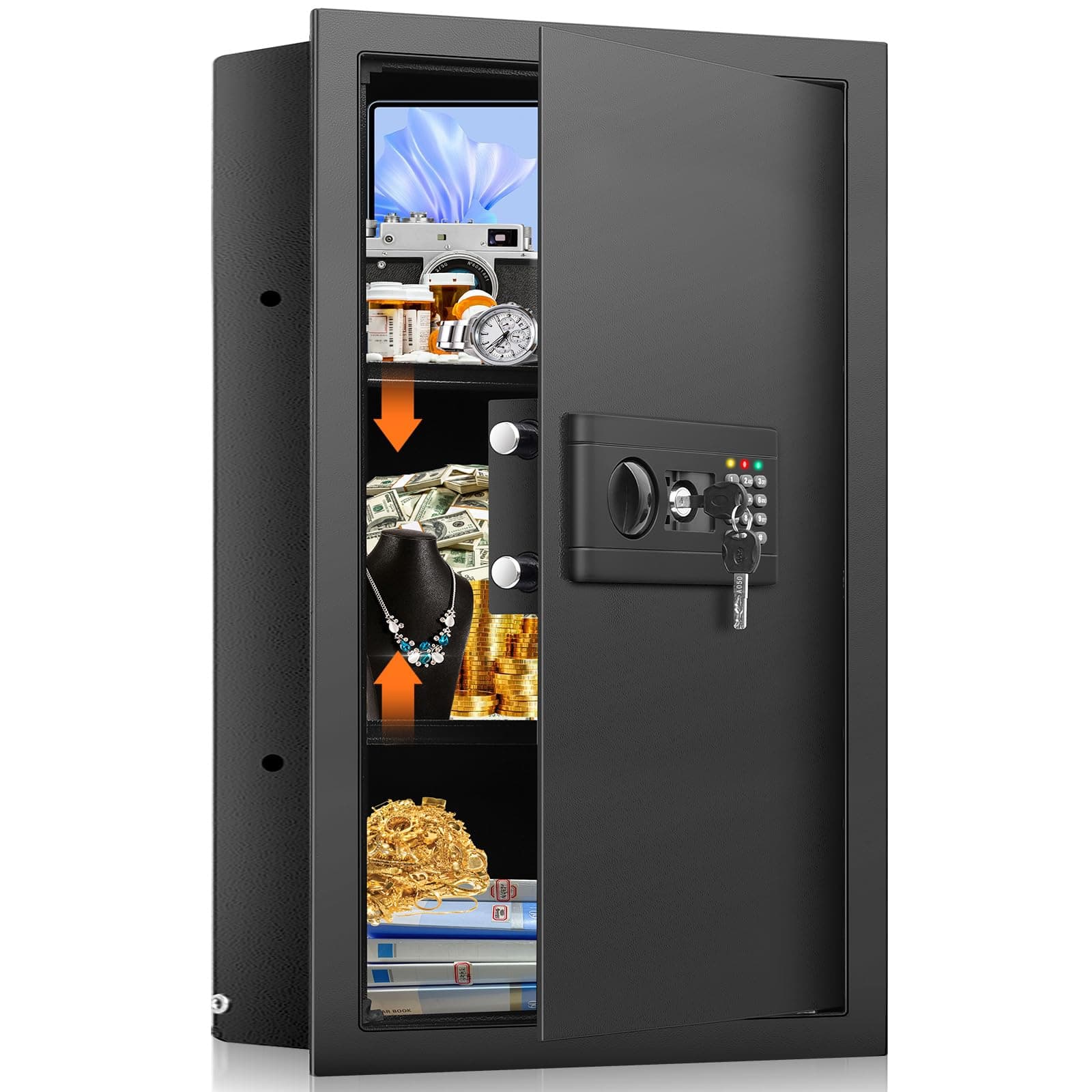 25.6" Tall Fireproof Wall Safes Between the Studs 16" Centers, Hidden Wall Safe with 2 Removable Shelf & Hidden Tray, Heavy Duty Wall Mount Safe for Money, Jewelry, Passport, Valuables