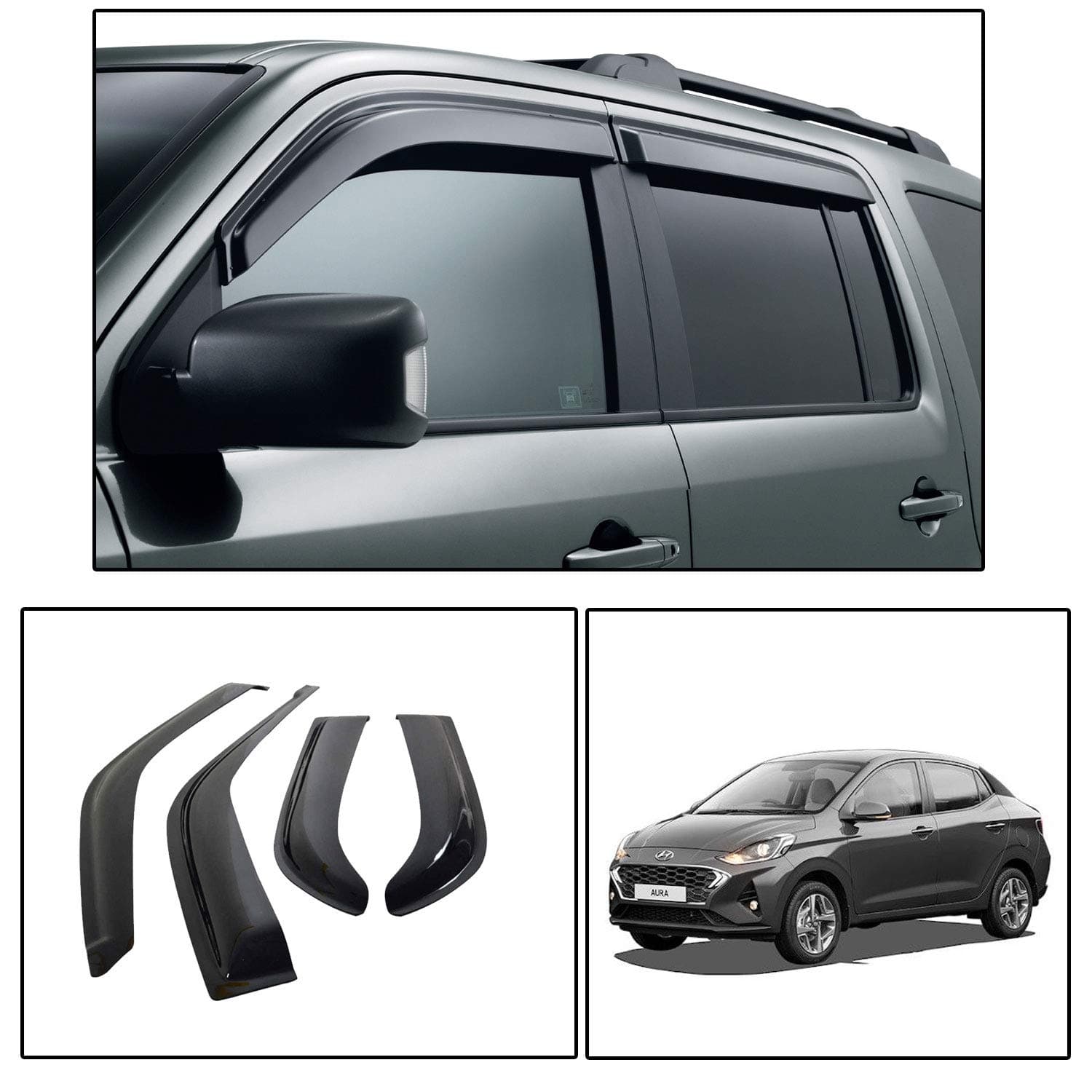 Oshotto Car Rain Wind Door Visor Side Window Deflector Compatible with Hyundai Aura (Set of 4), Black