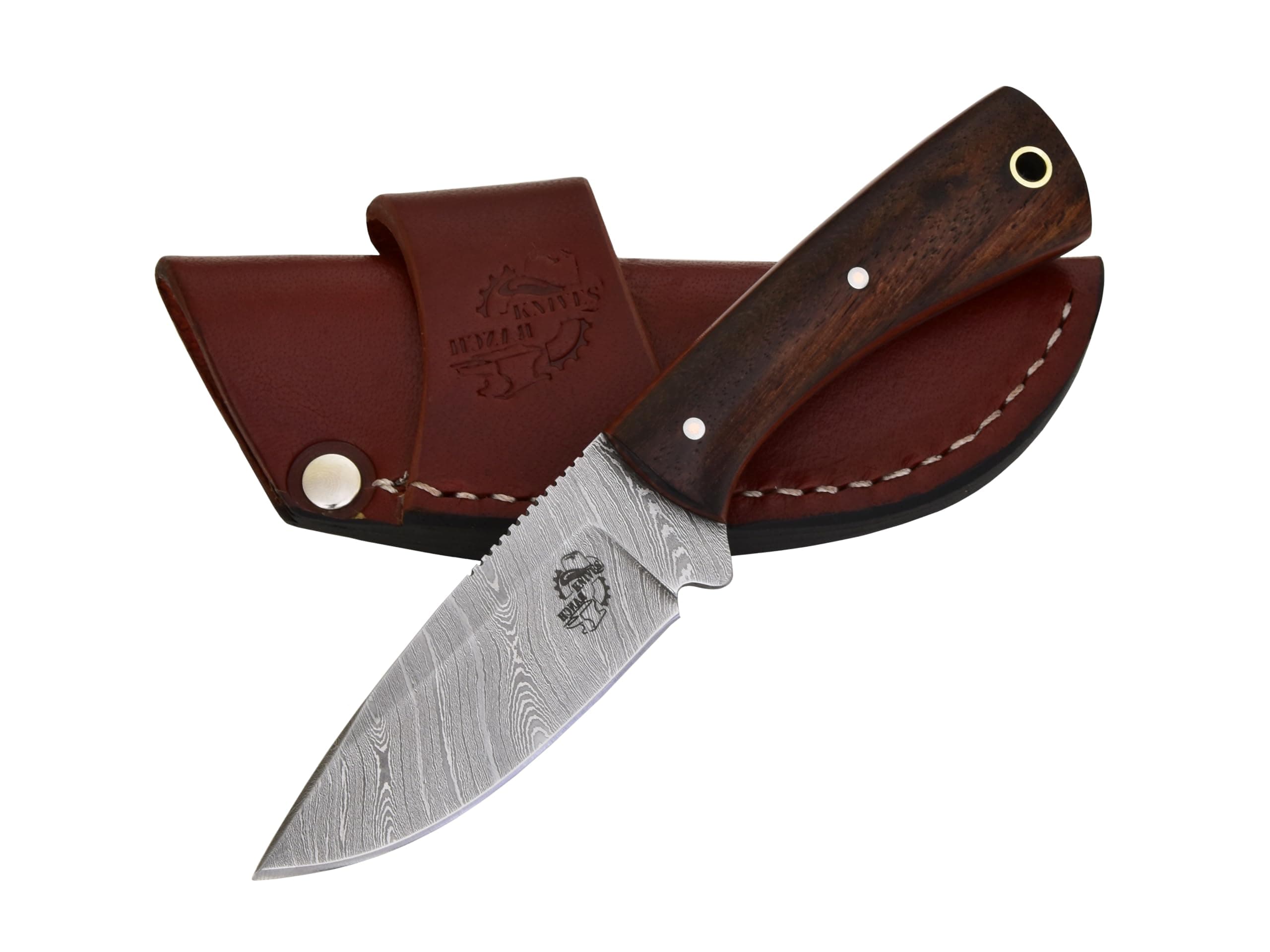 Fixed Blade EDC Knife with Horizontal Carry Sheath – Damascus Blade – Cowboy Essential with Leather Sheath Stabilized Rosewood Handle (4402-IRW)