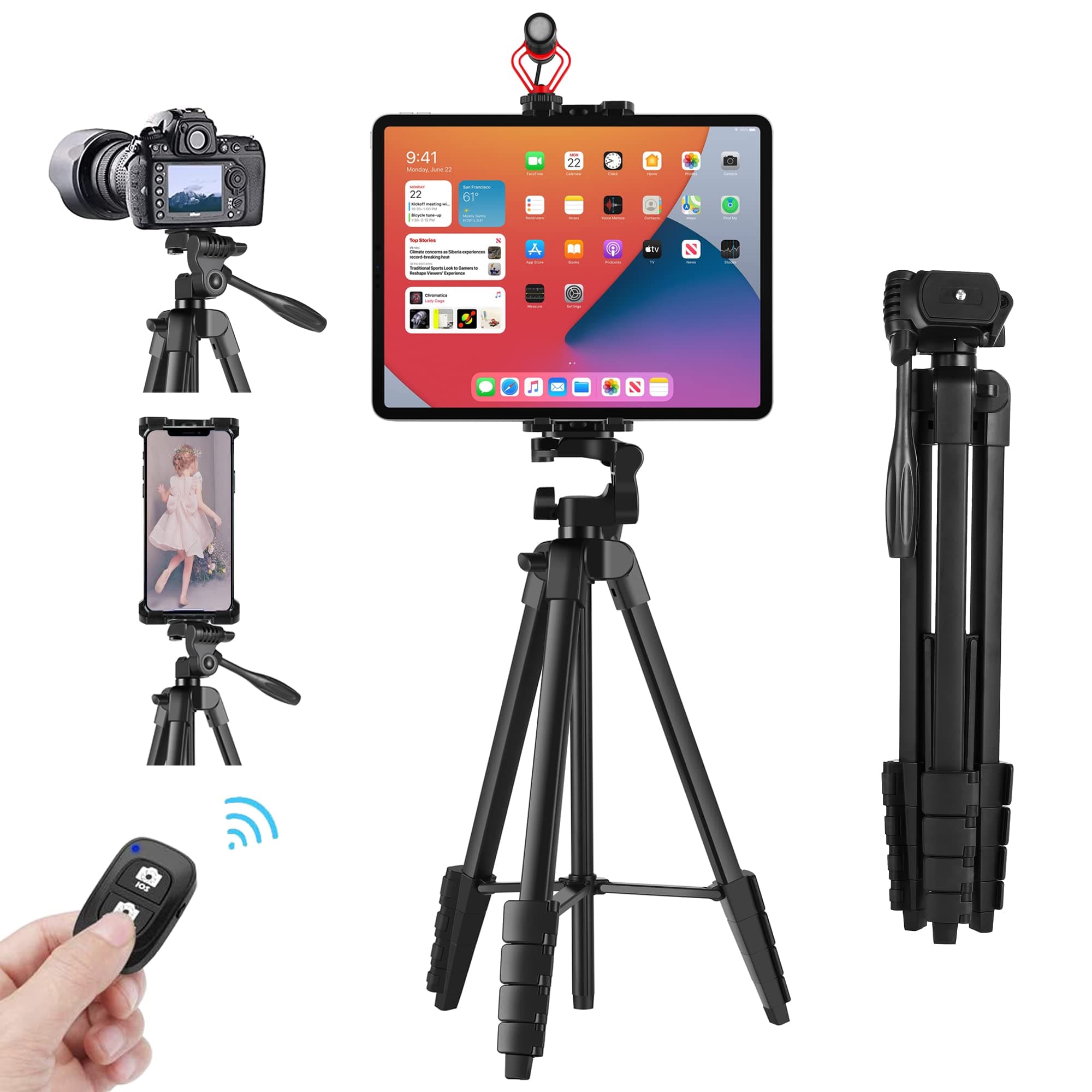 Peastrex 67 inTablet Ipad Tripod Mount Stand Holder with Shutter and Cold Shoe for iPad Pro 12.9/11 Air Mini, iPhone Galaxy, Applied Video Recording, Live Stream, Watching, 4~15 inch Devices