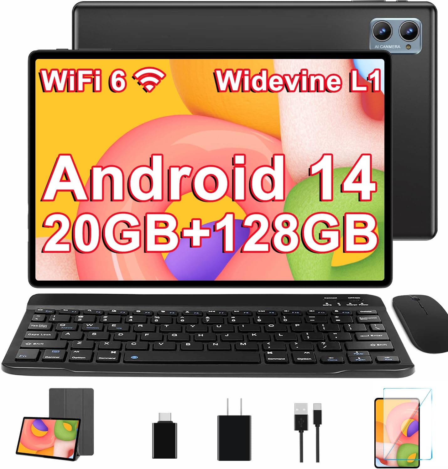 2025 Tablet 10 inch Android 14 Tablets with Keyboard Mouse, 20GB RAM 128GB ROM 2TB Expand 2 in 1 Tablet with Octa-core 6000mAh, HD IPS Display, Widevine L1, 5G WiFi 6, Dual Camera, GMS (Black)