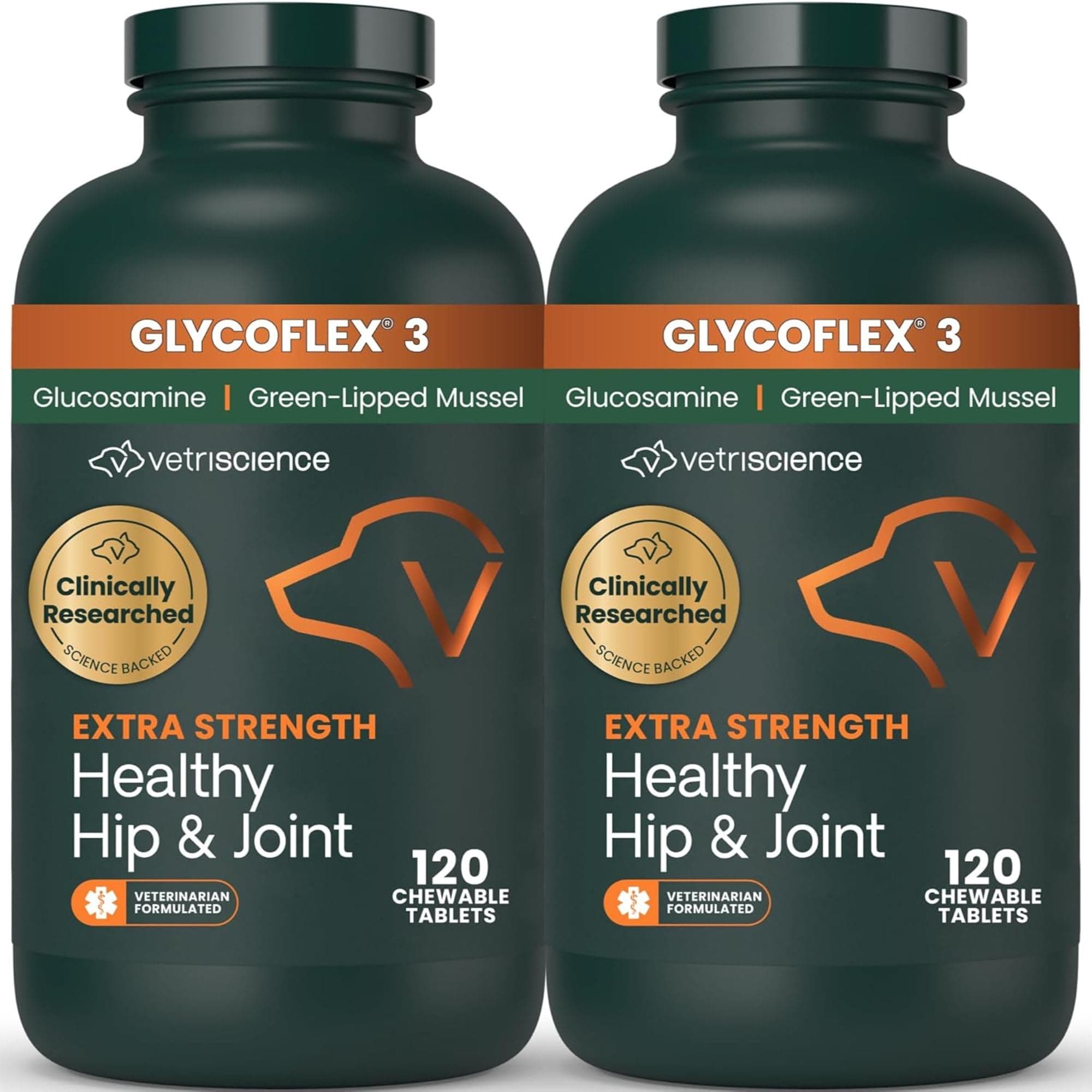 VetriScience Glycoflex 3 Clinically Proven Hip and Joint Supplement for Dogs - Maximum Strength Dog Supplement with Glucosamine, MSM, Green Lipped Mussel & DMG - 2 Pack (120 Chewable Tablets Each)​