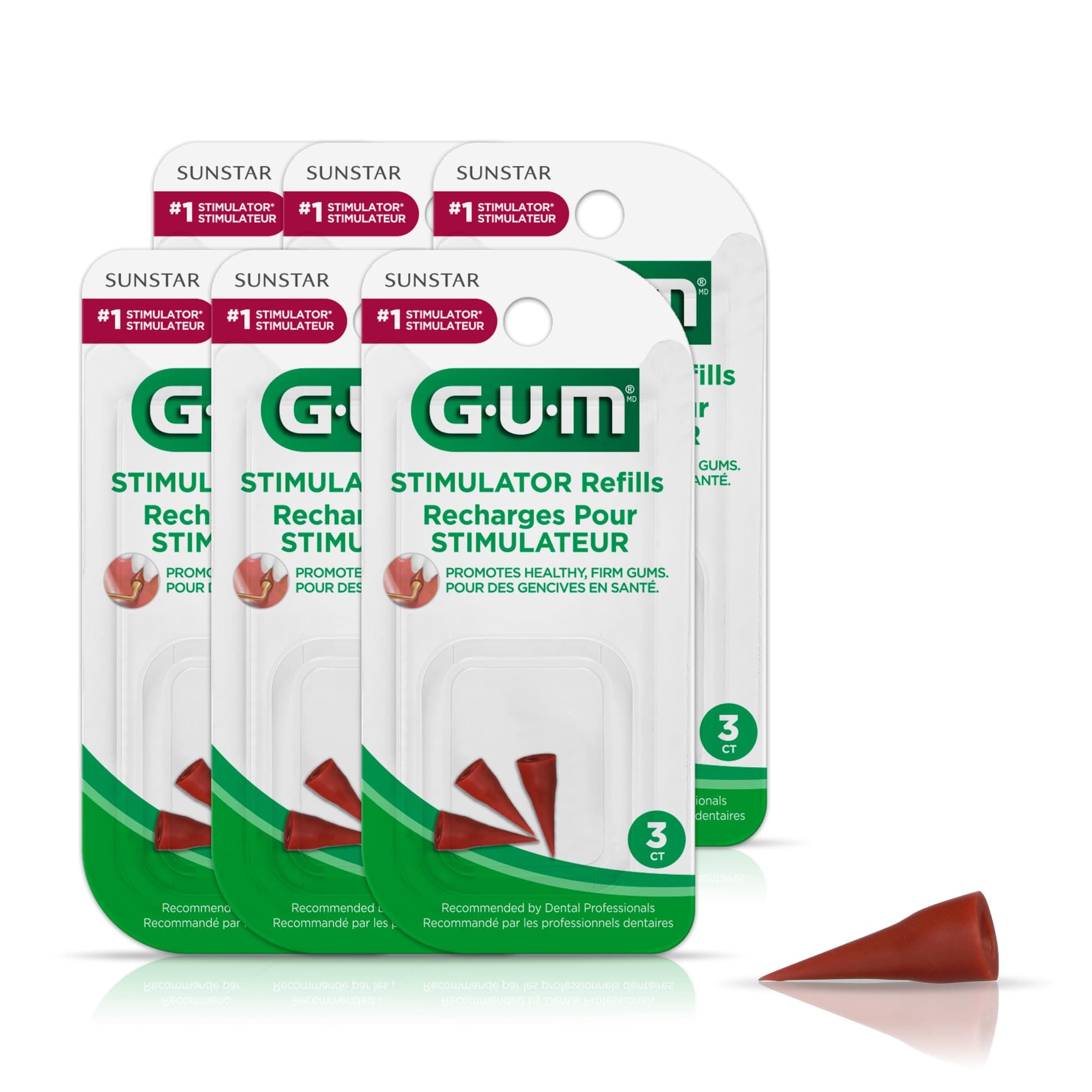 GUM Stimulator Refills - 3 Rubber Tips Included - Compatible with The GUM Stimulator Permanent Handle - Massager for Gums, Plaque Removal and Gum Health, 3 Count(Pack of 6)