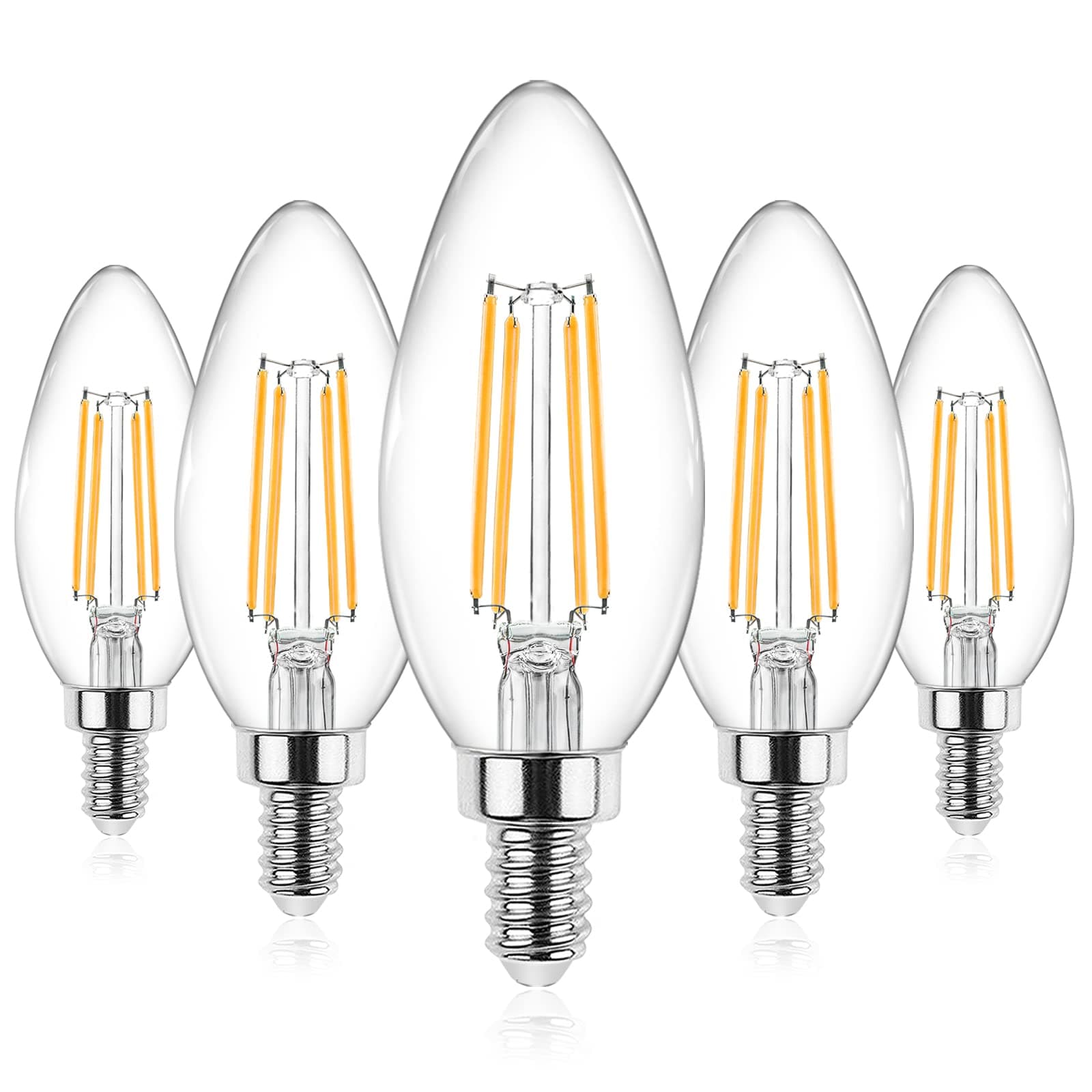 E12 Candelabra LED Light Bulbs 60 Watt Equivalent, Warm White 2700K, Non-Dimmable, 550 Lumen, Clear LED Filament Candle Bulbs, Pack of 5