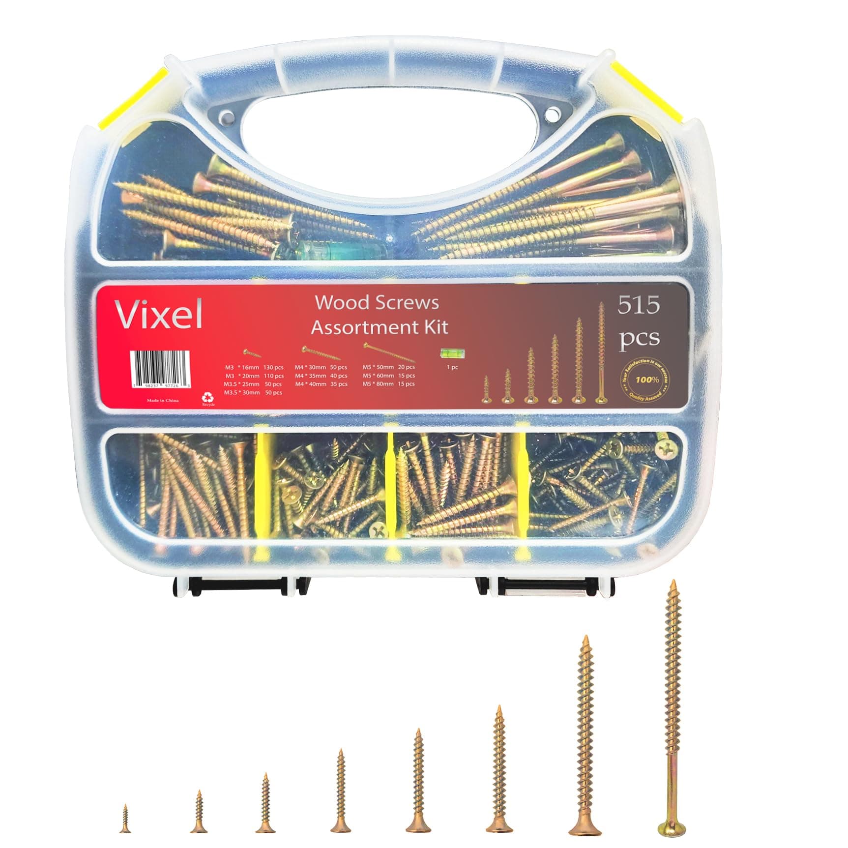 VIXEL 515 pcs Wood Screws Assortment Kit with Multiple Size Chipboard Drywall Screws and Level Gauge For Drywall and Wood