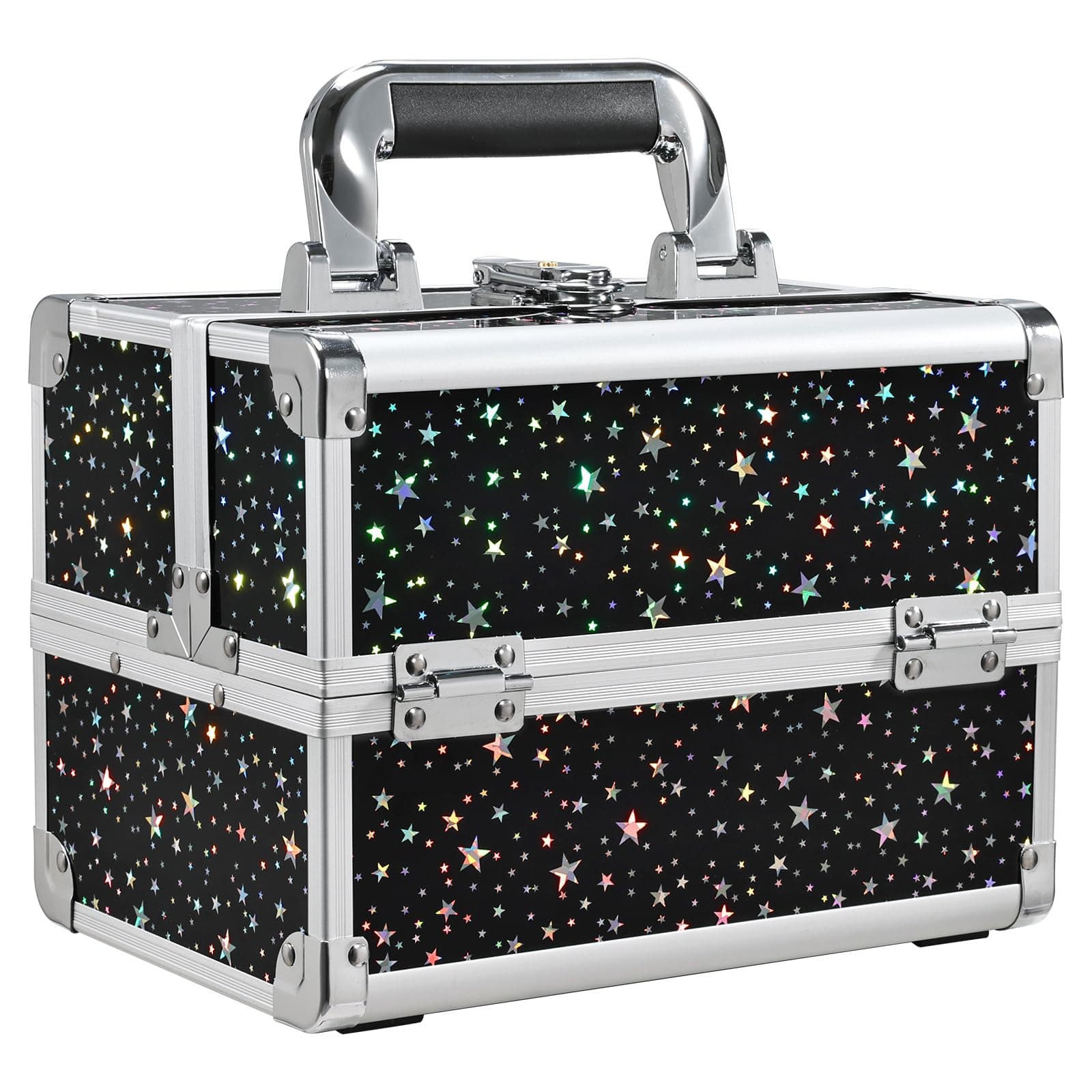 Makeup Train Case Portable Cosmetic Box 2 Trays with Mirror Lockable for Makeup Nail Tech and Beauticians Traveling Makeup Storage Organizer - Black Star