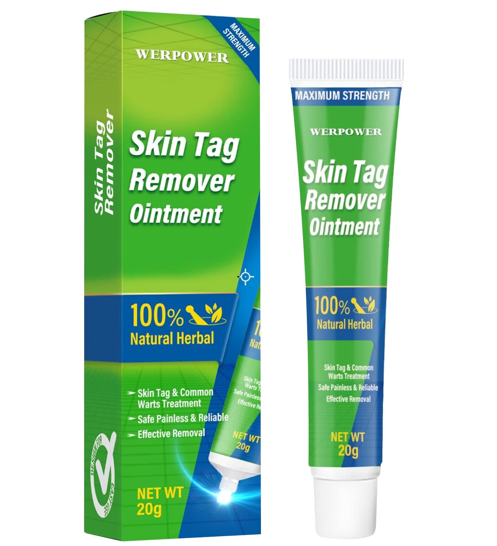 WERPOWER Skin-Tag-Removal-Highly-Effective & Extra Strength Wart-and-Mole-Remover and Corrector, Skin Tag Remover Cream, Suitable for Face and Body, 20g, Green