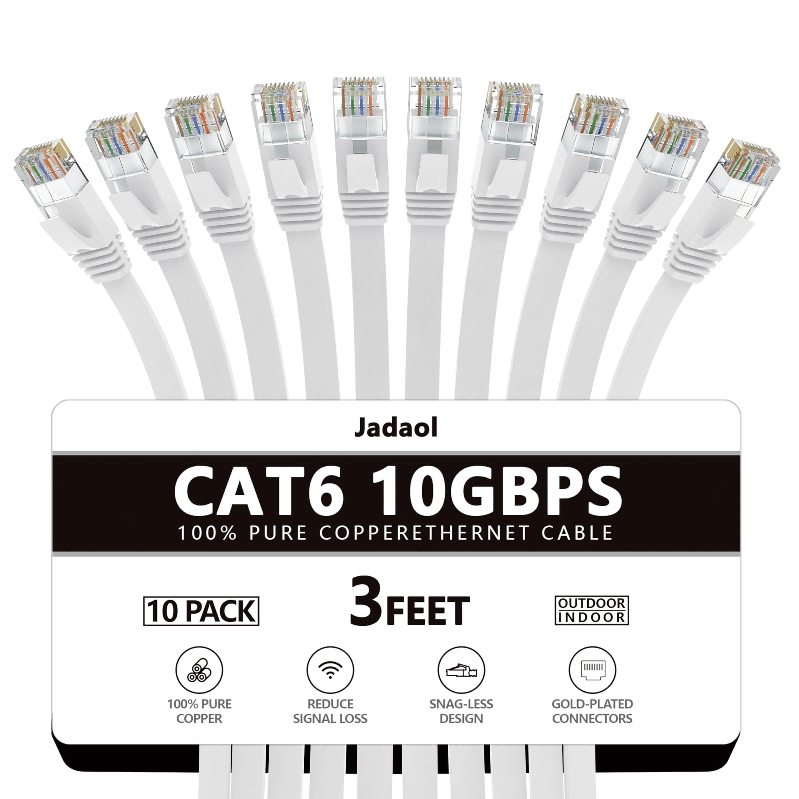 Jadaol Cat 6 Ethernet Cable 3 ft 10Pack, 10Gbps Support Cat8 Cat7 Network, Flat High Speed LAN Internet Patch Cables, Short Ethernet Cables for Router, Modem, Switch, PC, Laptop, Gaming Console, White
