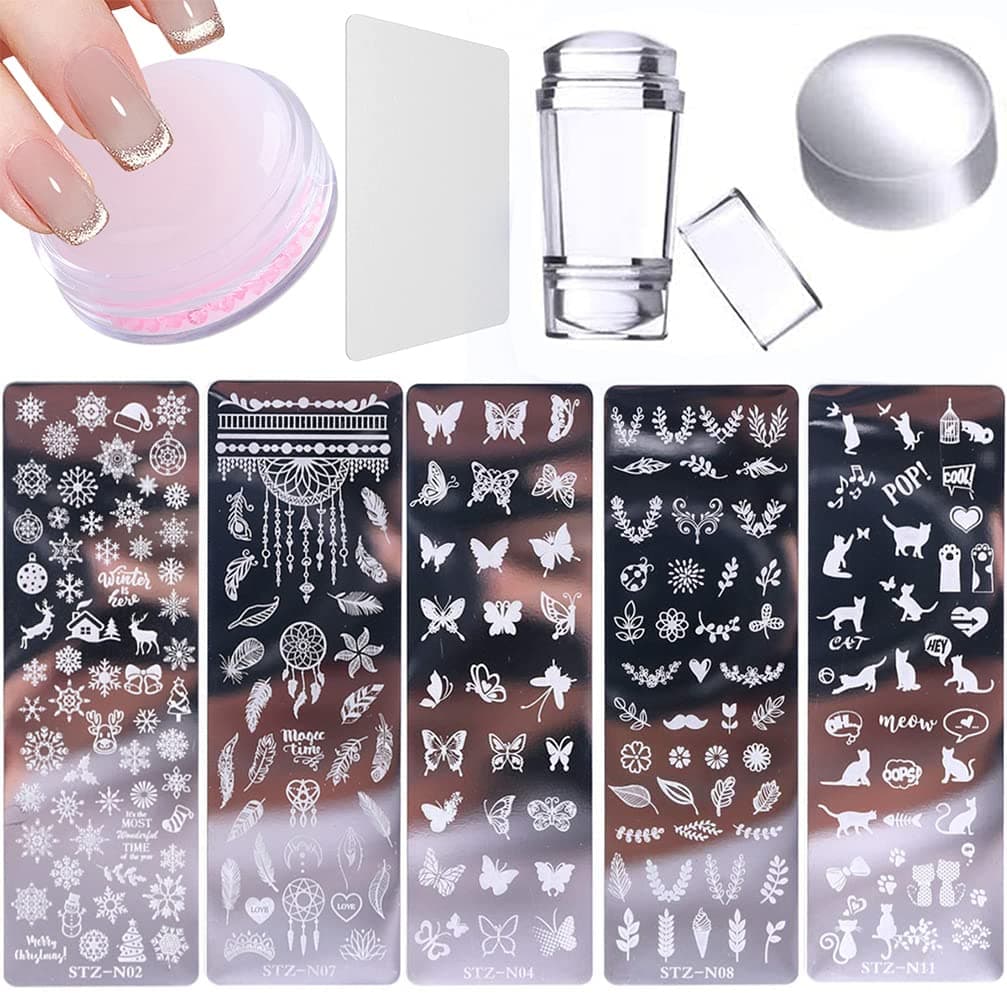 8 Pcs Nail Stamp Template Kit, with 1 Stamper 2 Clear Jelly Silicone Nail Stamper for DIY Nail Decor Easy French Style Nail Art Designs, Stencil Plates Set Manicure Supplies