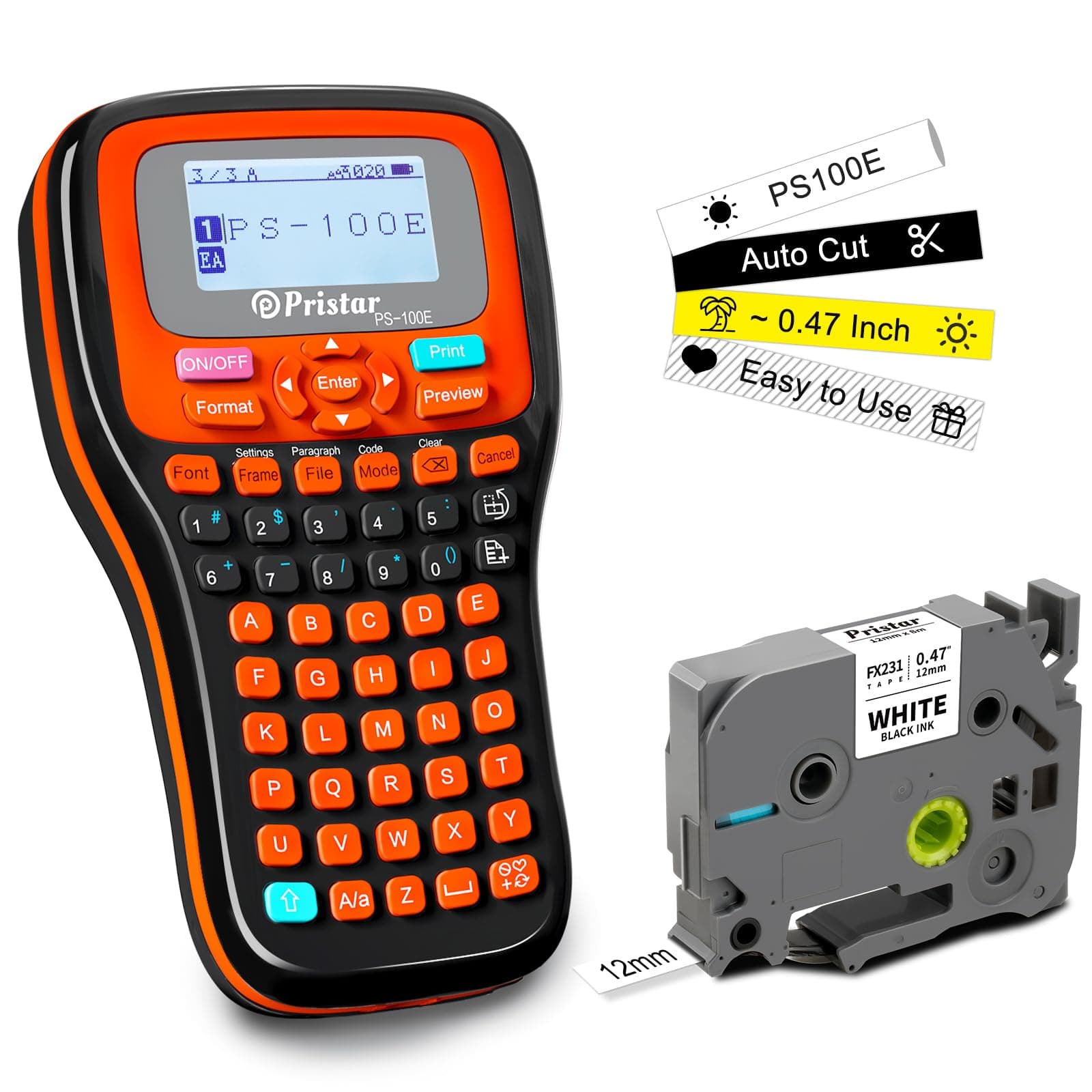 Pristar PS-100E Label Maker Machine with 1 Tape, Auto-Cut Portable Handheld Label Maker, Thermal Transfer Printing, Rechargeable Label Printer with Keyboard for Office/Home/School Organization, Orange