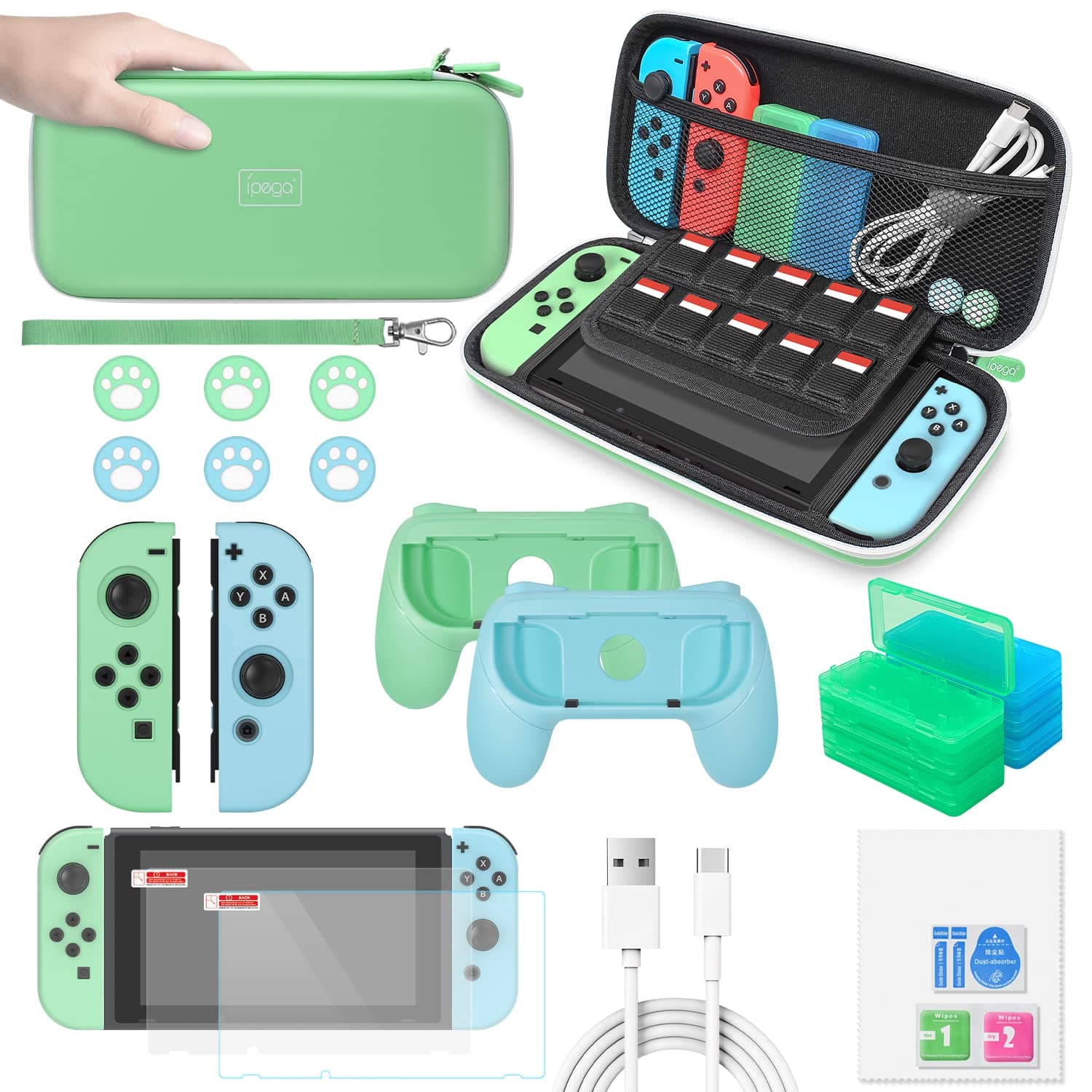 Accessories Bundle Compatible with Nintendo Switch for Animal Crossing,26 in 1 Accessories kit Carrying Case,Screen Protector,Handle Grips,Steering Wheels,Silicone Case,Thumb Caps for Joy Con