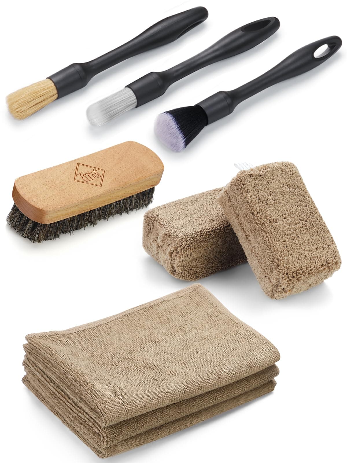 - Fantasticlean 9PCS Car Interior Detailing Set, Microfiber Cloth & Applicator, Single-Head Detailing Brushes, Natural Bristles, Scratch-Free & Ultra-Soft for Seats Leather Care or Cleaning