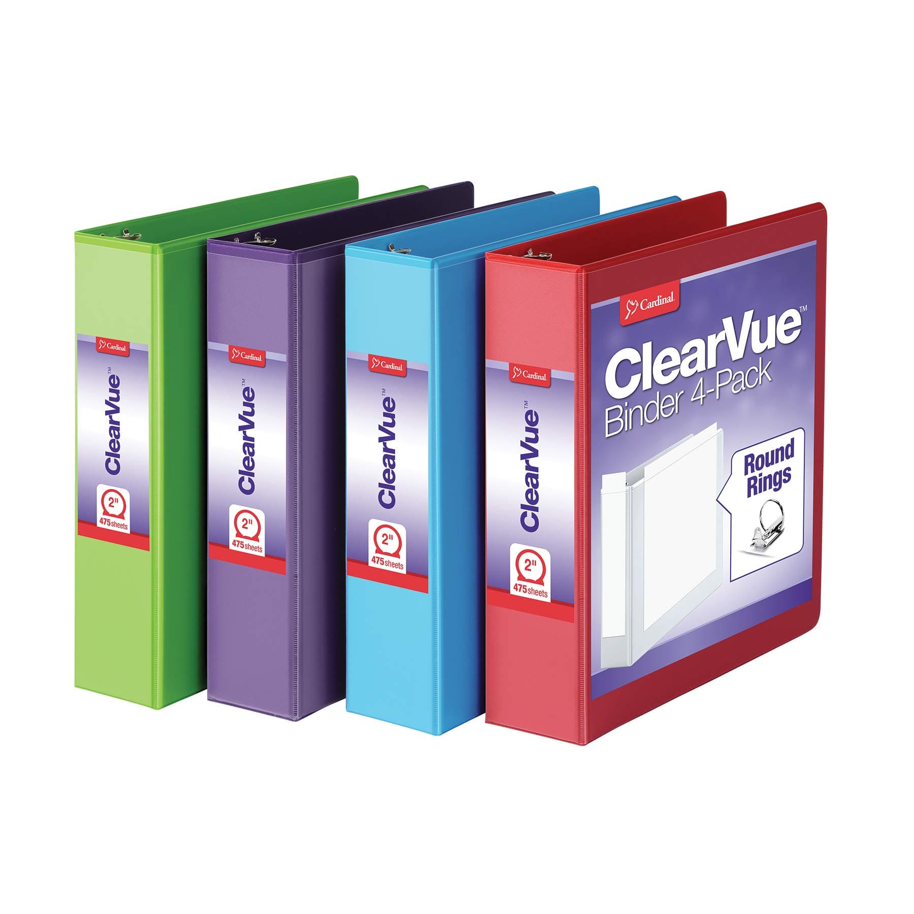 Cardinal 3 Ring Binders, 2 Inch Binder with Round Rings, Holds 475-Sheets, ClearVue Covers, Non-Stick, PVC-Free, 4 Pack (29311)