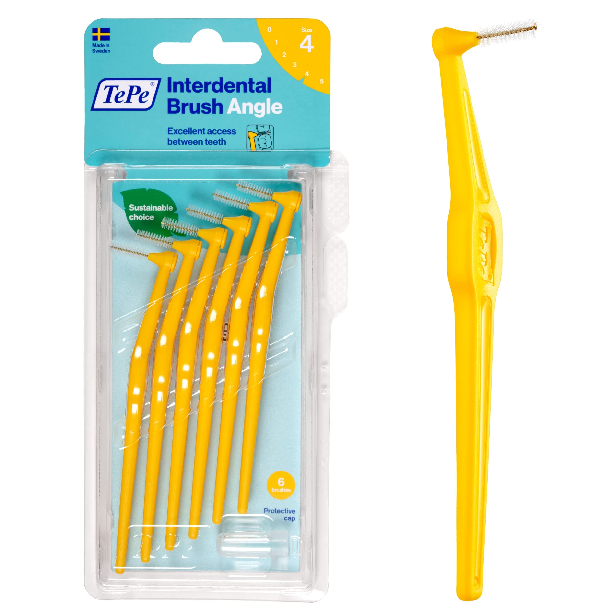 TePe Angle Yellow Interdental Brushes (0.7mm - Size 4) / Easy and simple interspace cleaning with long handle and angled neck - 6 Count (Pack of 1)
