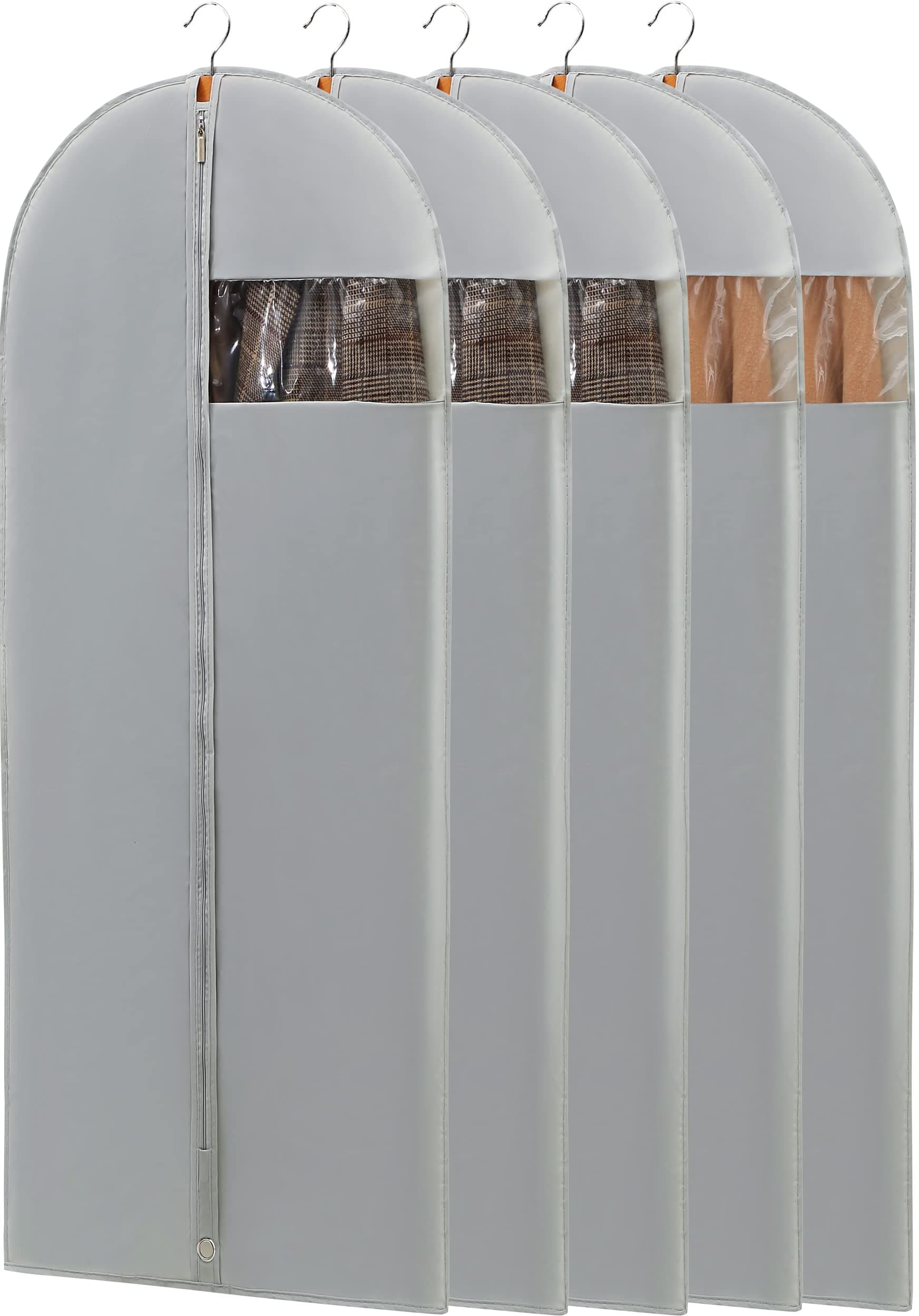 Dress Bags for Gowns, 65'' Long Garment Bags for Hanging Clothes, Dress Garment Bag, Grey Dress Cover with Clear Window for Dresses, Coats, Uniforms - 5 Pack