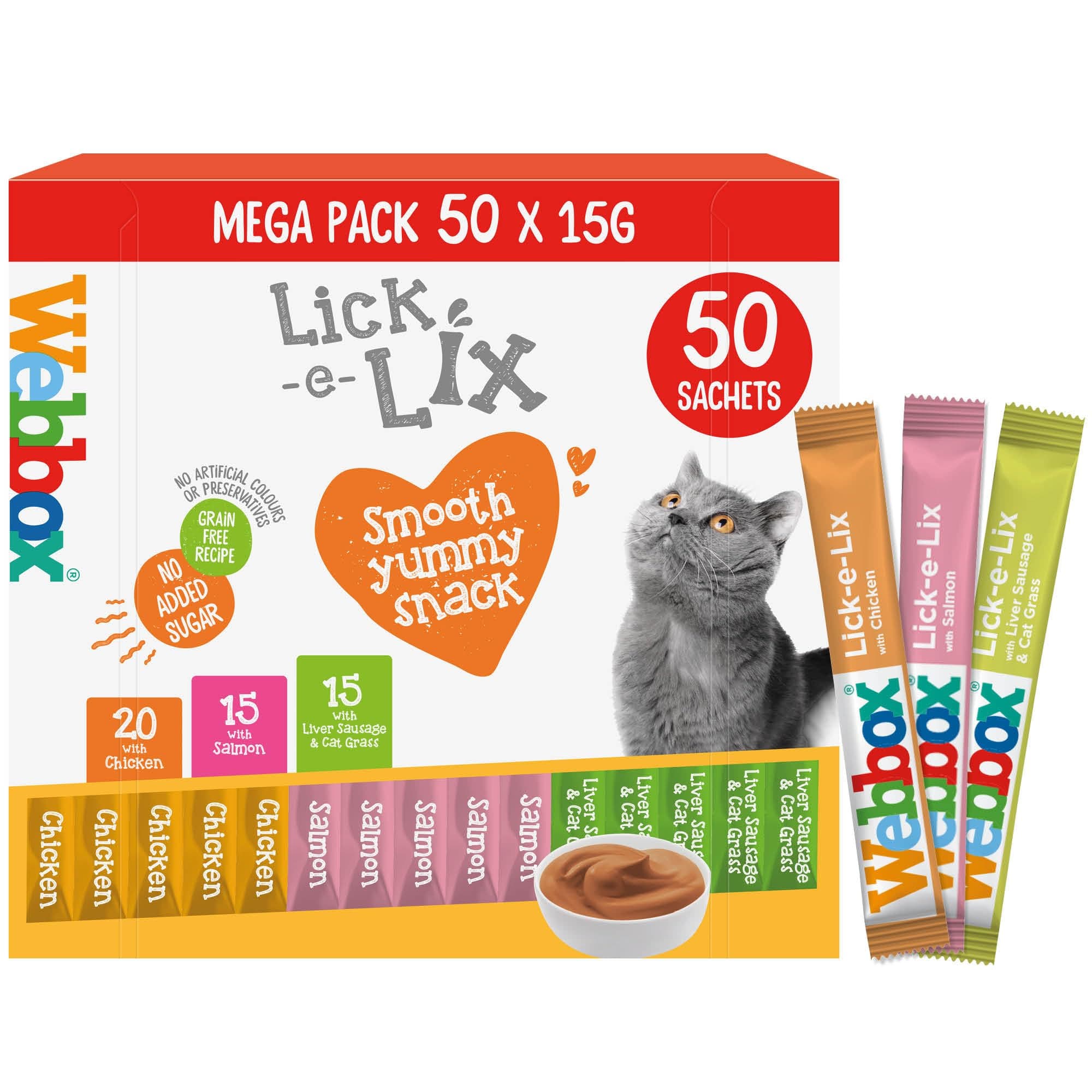 Webbox Lick-e-Lix Cat Treats Variety Mega Pack - Kitten Friendly, Grain Free, No Artificial Preservatives or Colours (50 Pack)
